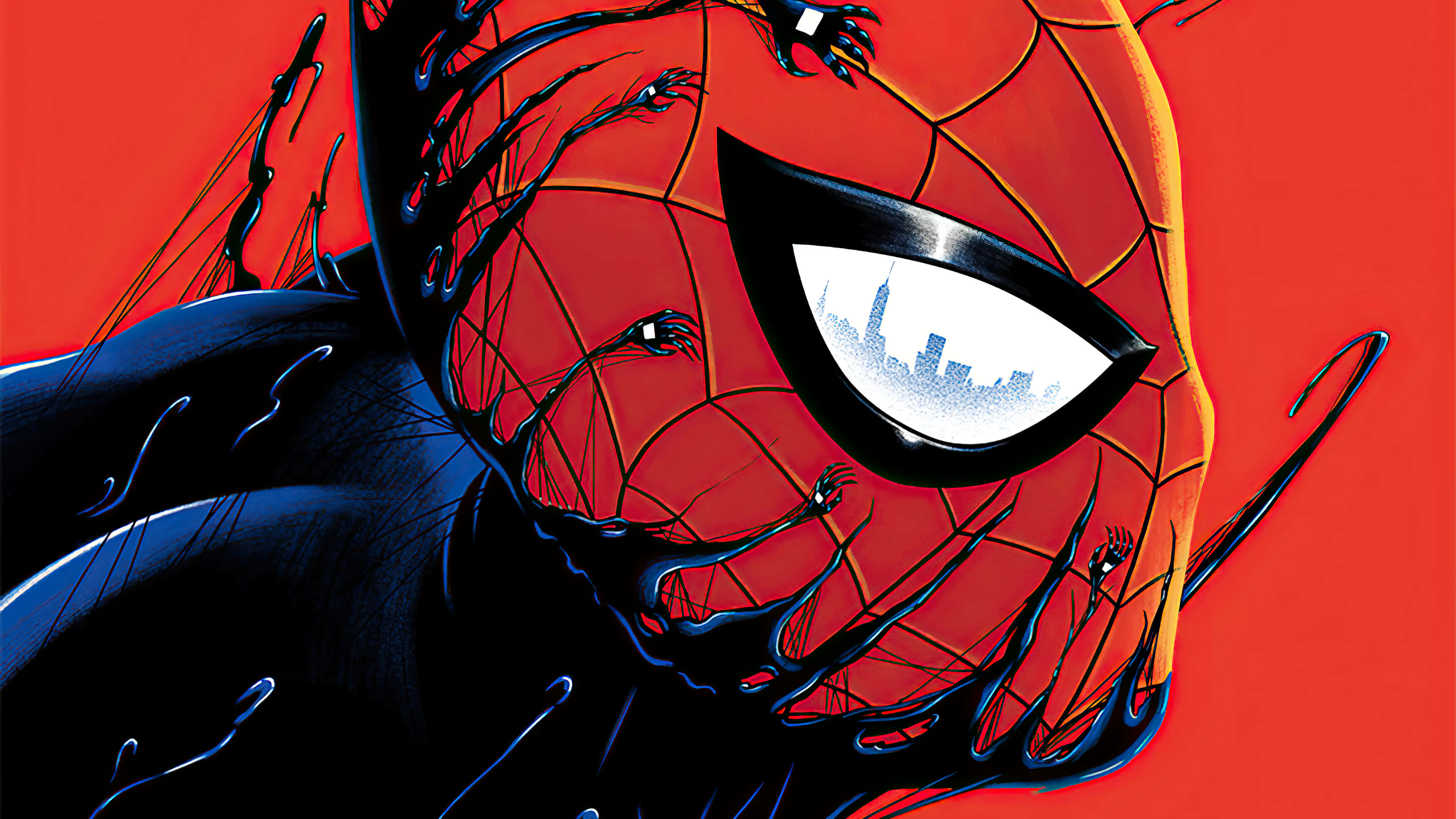 Symbiote Spider Man, city skyline, eye, 4K Desktop Wallpaper