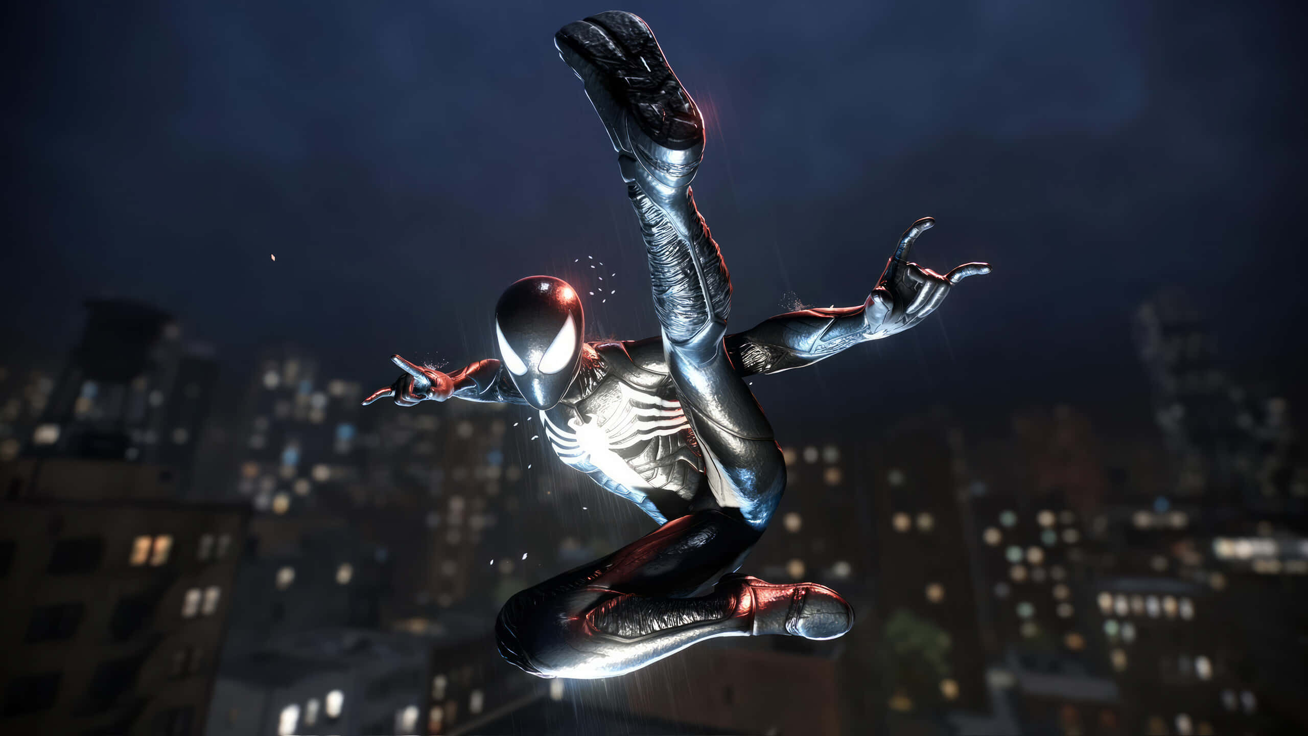 Symbiote Spider Man, black and silver suit, rain-slicked cityscape, 2K Desktop Wallpaper