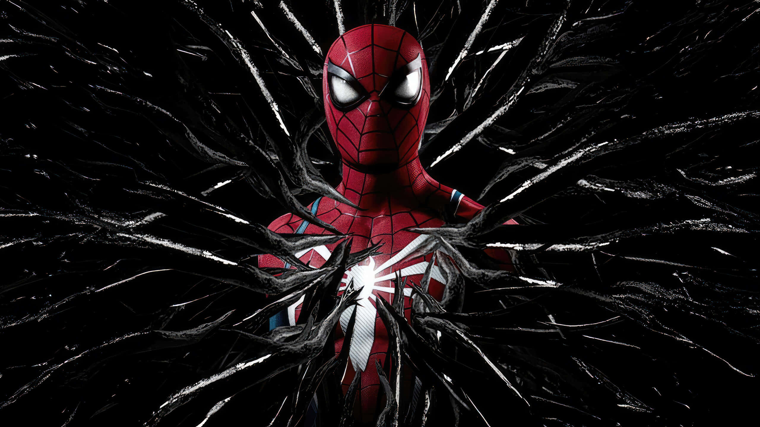 Symbiote Spider Man, glowing white eyes, bright chest emblem, 2K Desktop Wallpaper