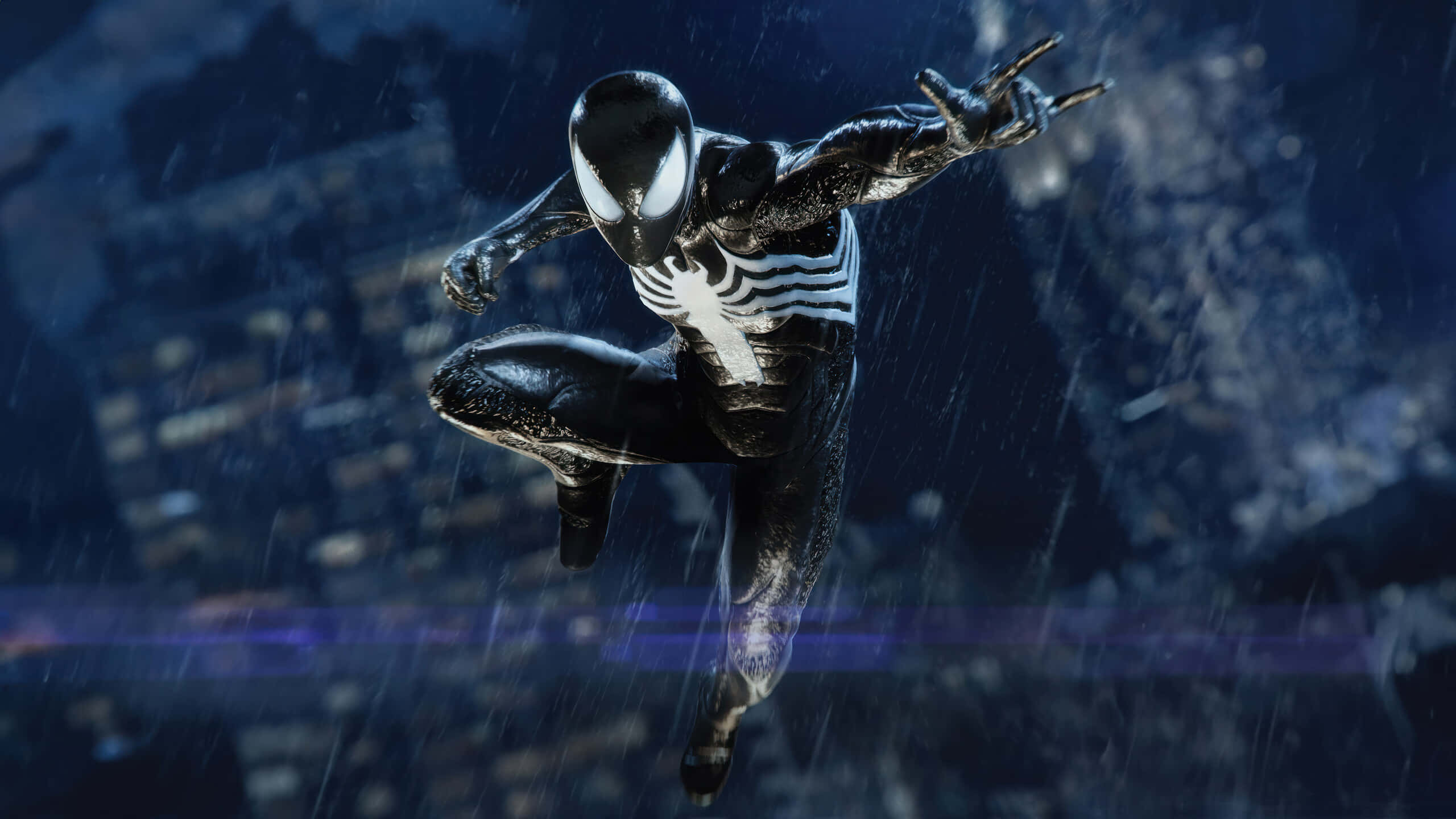 Symbiote Spider Man, night, rain-drenched city streets, 2K Desktop Wallpaper