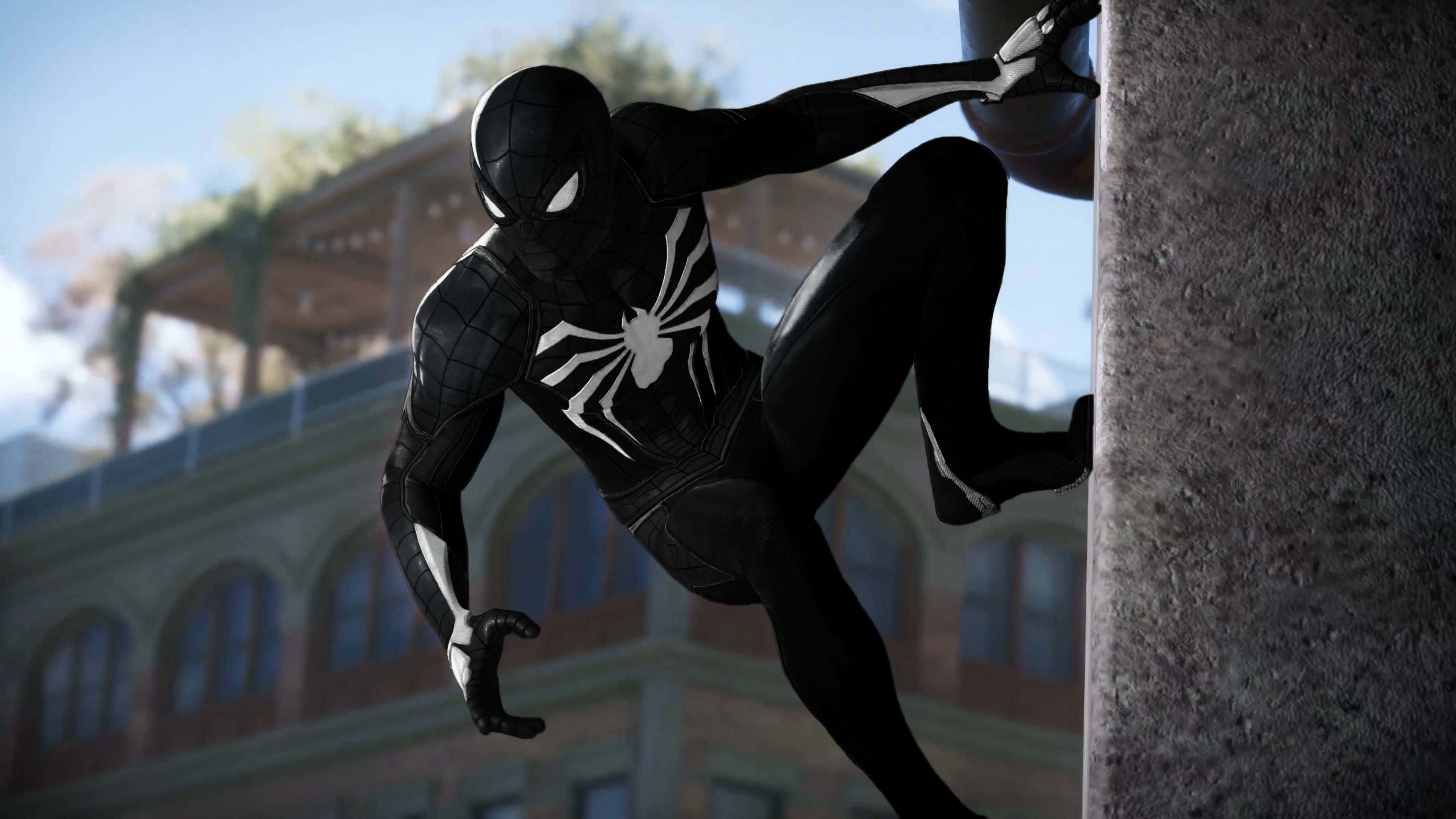 Symbiote Spider Man, black suit, concrete pillar, 4K Desktop Wallpaper