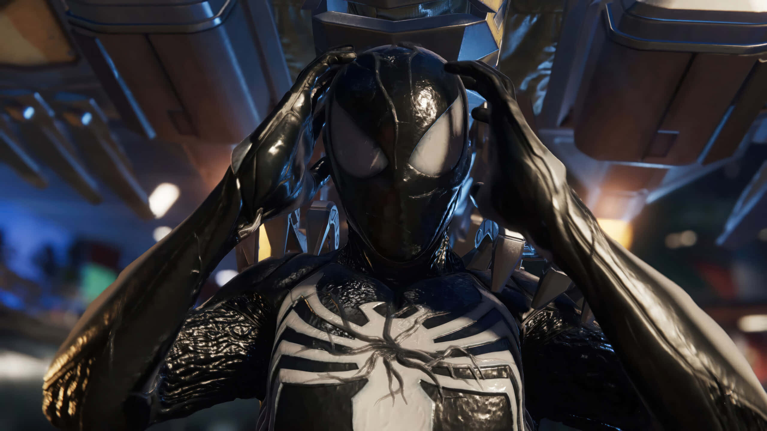 Symbiote Spider Man, glossy black symbiote suit, dimly lit futuristic cockpit, 2K Desktop Wallpaper