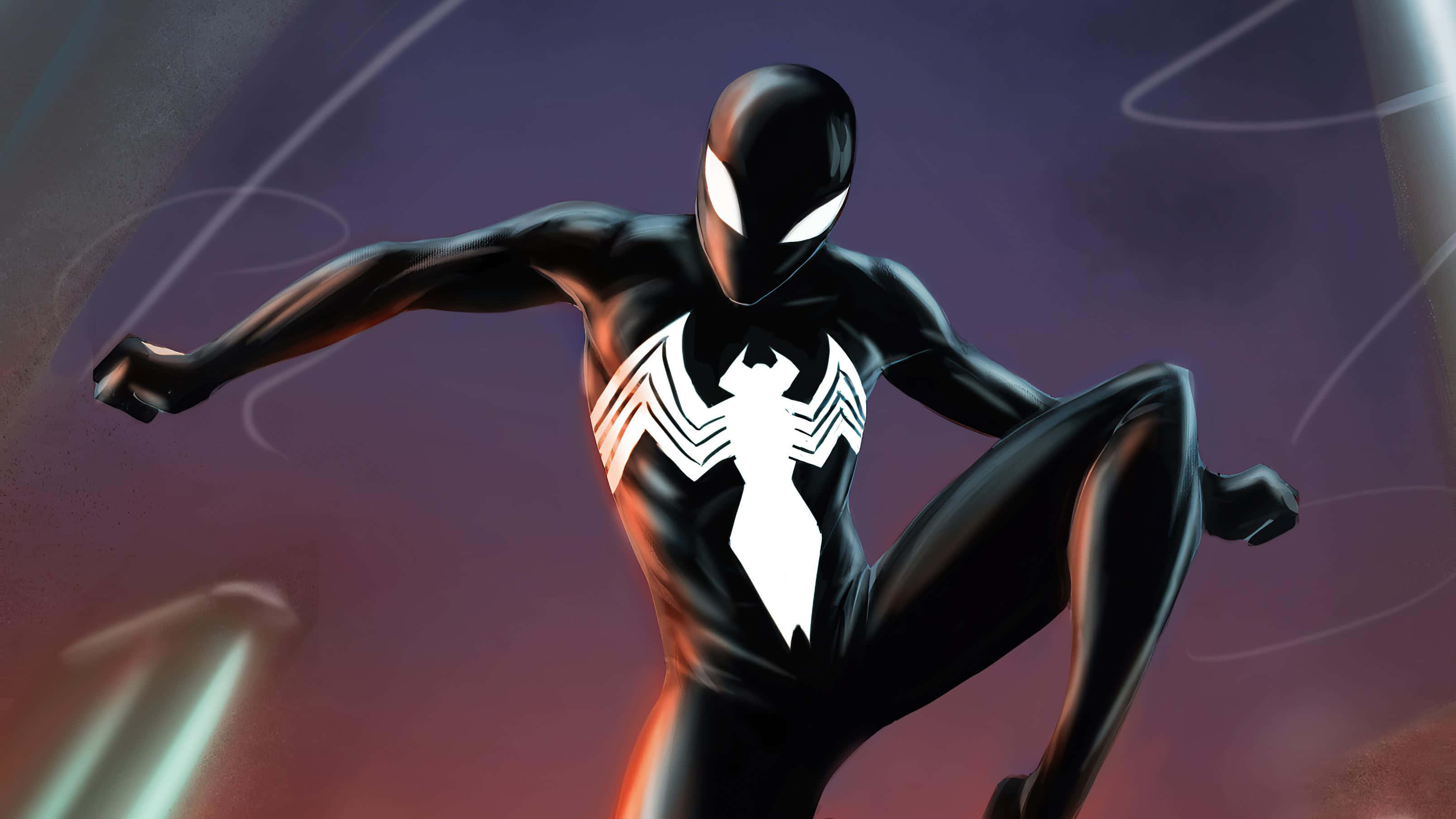 Symbiote Spider Man, black and white suit, swirling purple and red cosmic backdrop, 2K Desktop Wallpaper