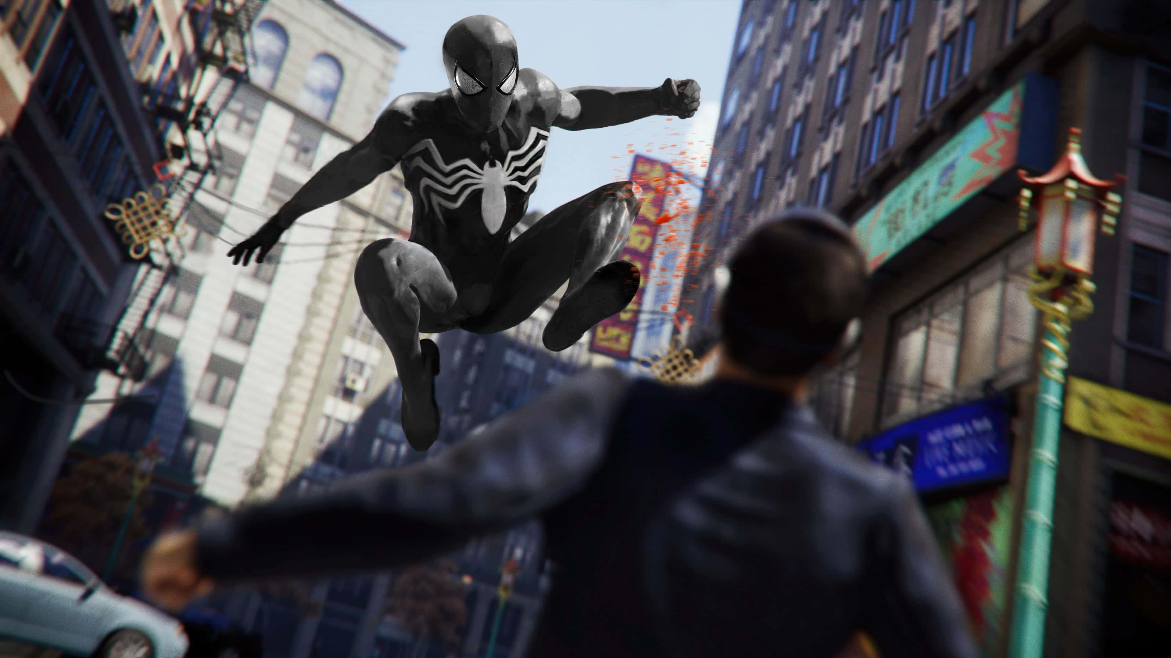 Symbiote Spider Man, black suit, city street, 4K Desktop Wallpaper