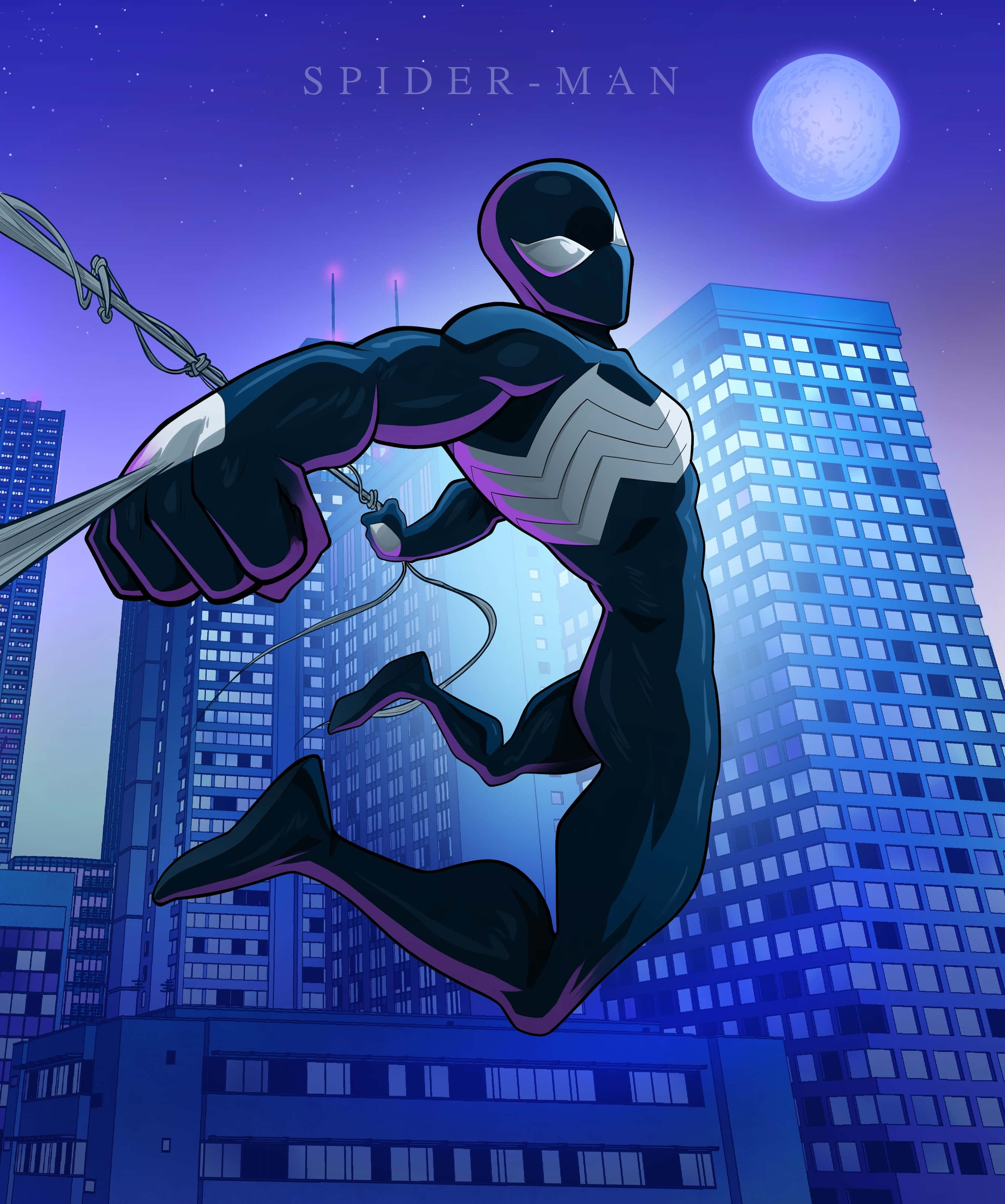 Symbiote Spider Man, black and purple suit, neon-lit cityscape, 2K Phone Wallpaper