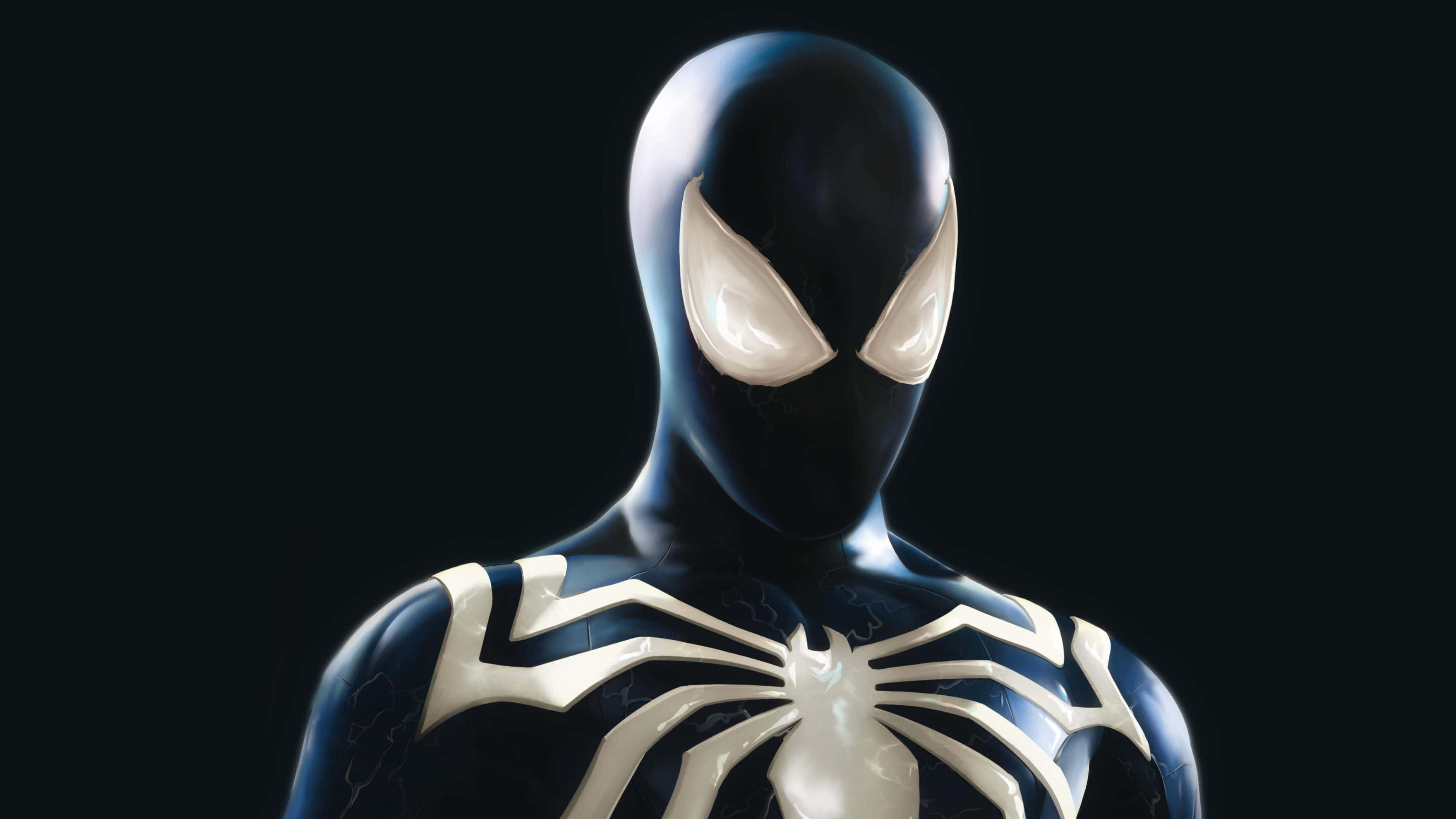 Symbiote Spider Man, glossy black and white, glowing eyes, 2K Desktop Wallpaper