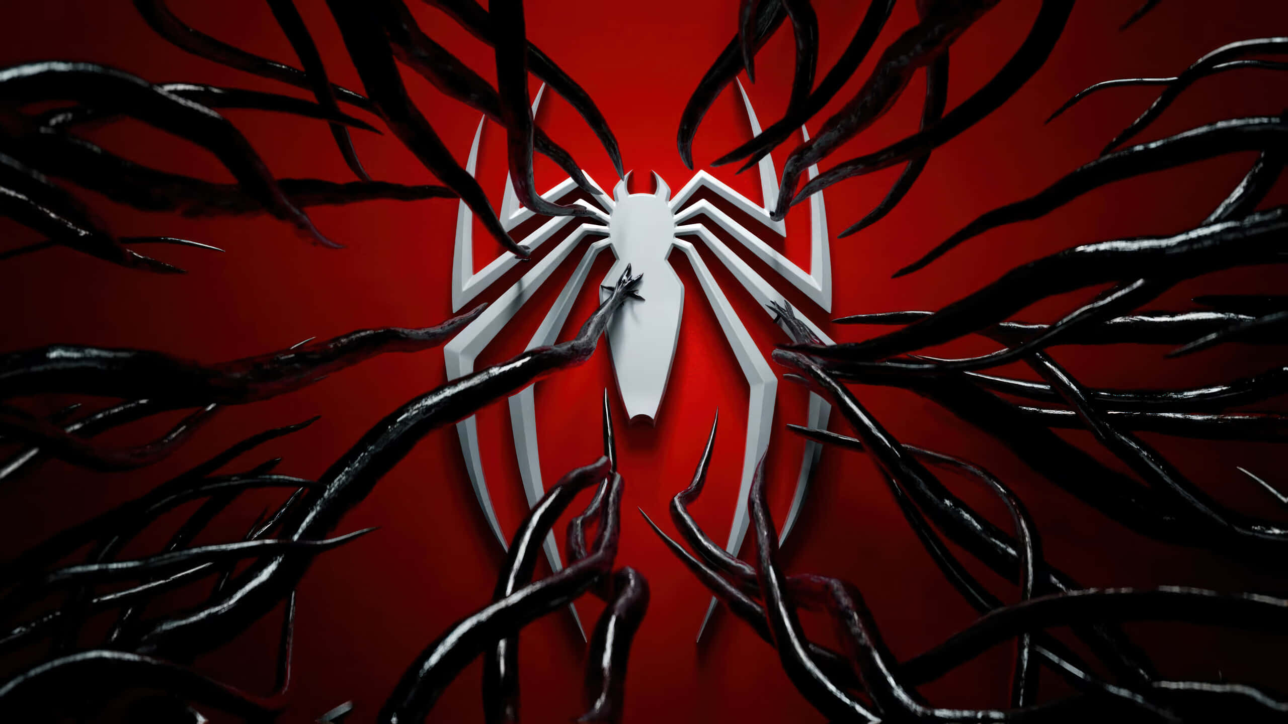 Symbiote Spider Man, white spider emblem, black tendrils, 2K Desktop Wallpaper