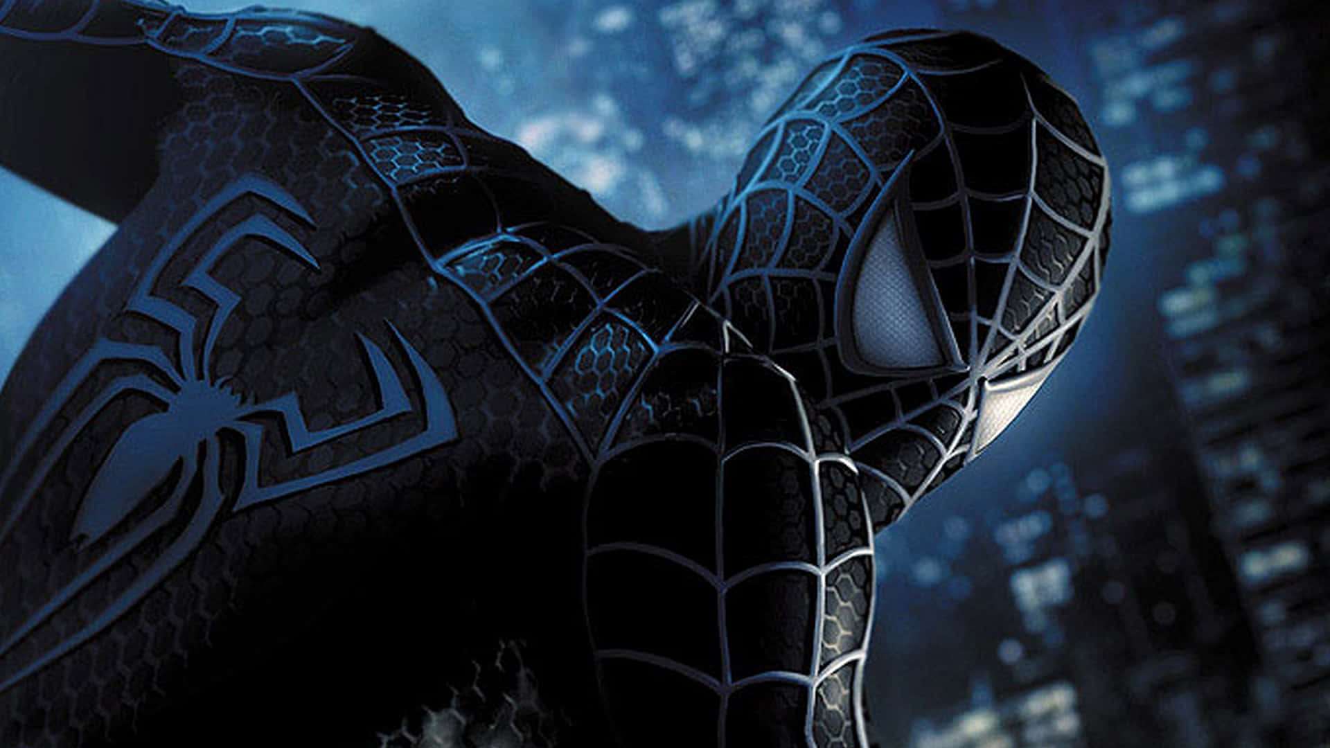 Symbiote Spider Man, black suit, glowing blue highlights, Full HD Desktop Wallpaper