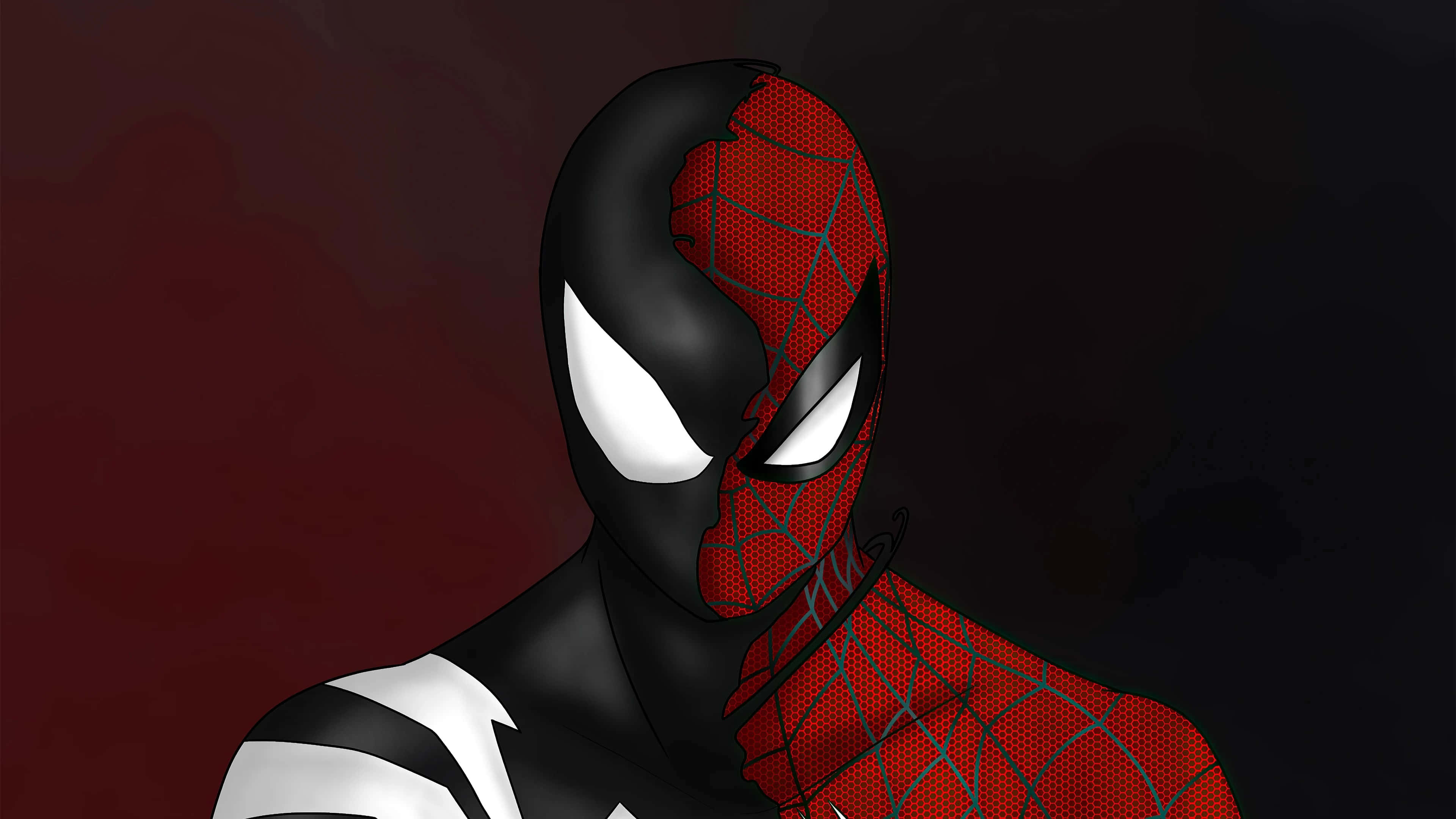 Symbiote Spider Man, black symbiote suit, classic red web pattern, 4K Desktop Wallpaper
