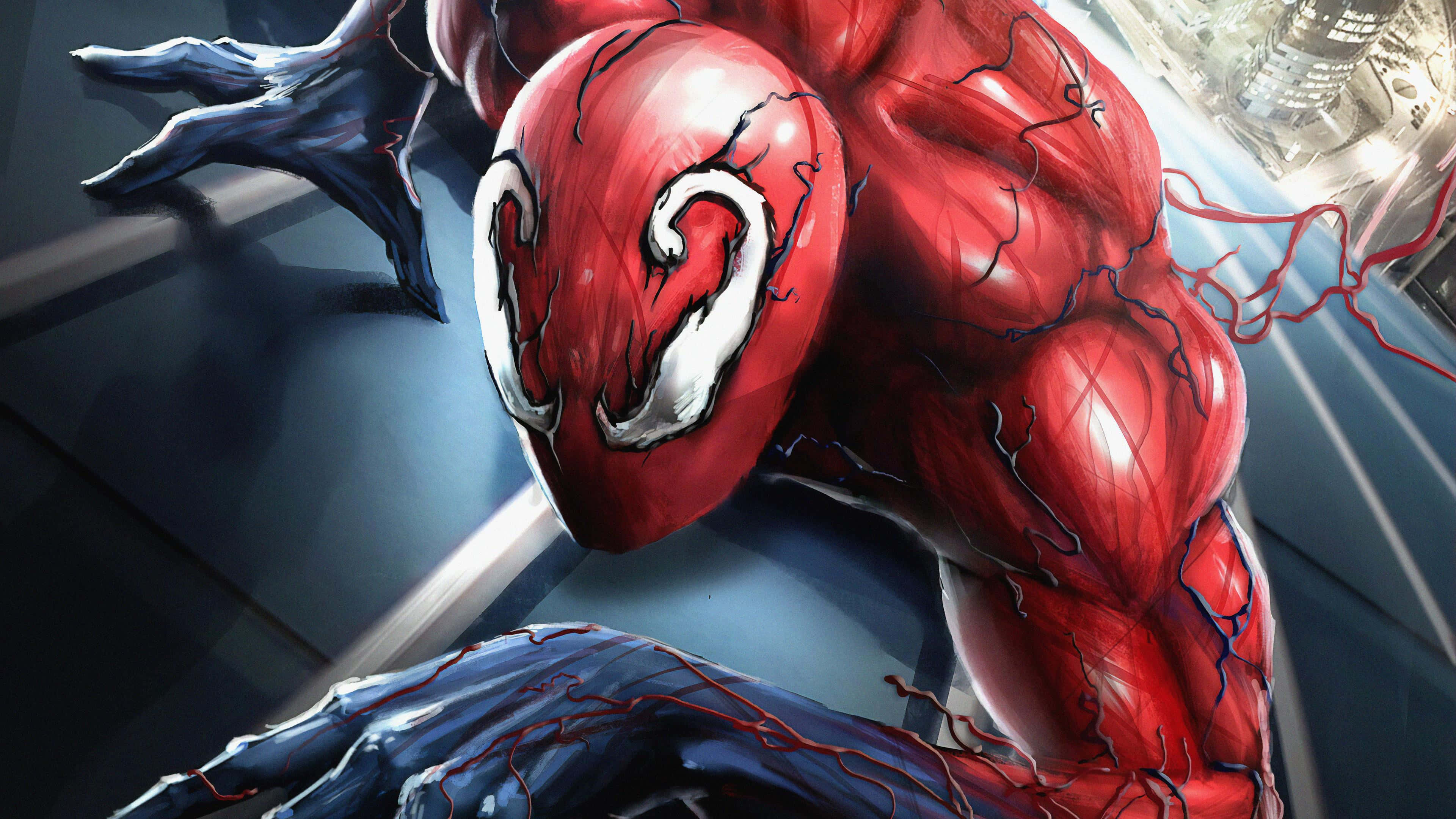 Symbiote Spider Man, red symbiote suit, cityscape backdrop, 4K Desktop Wallpaper