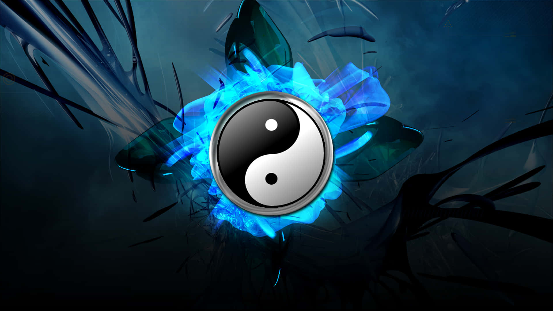 yin yang symbol, electric blue energy, dark shattered glass background, Full HD Desktop Wallpaper