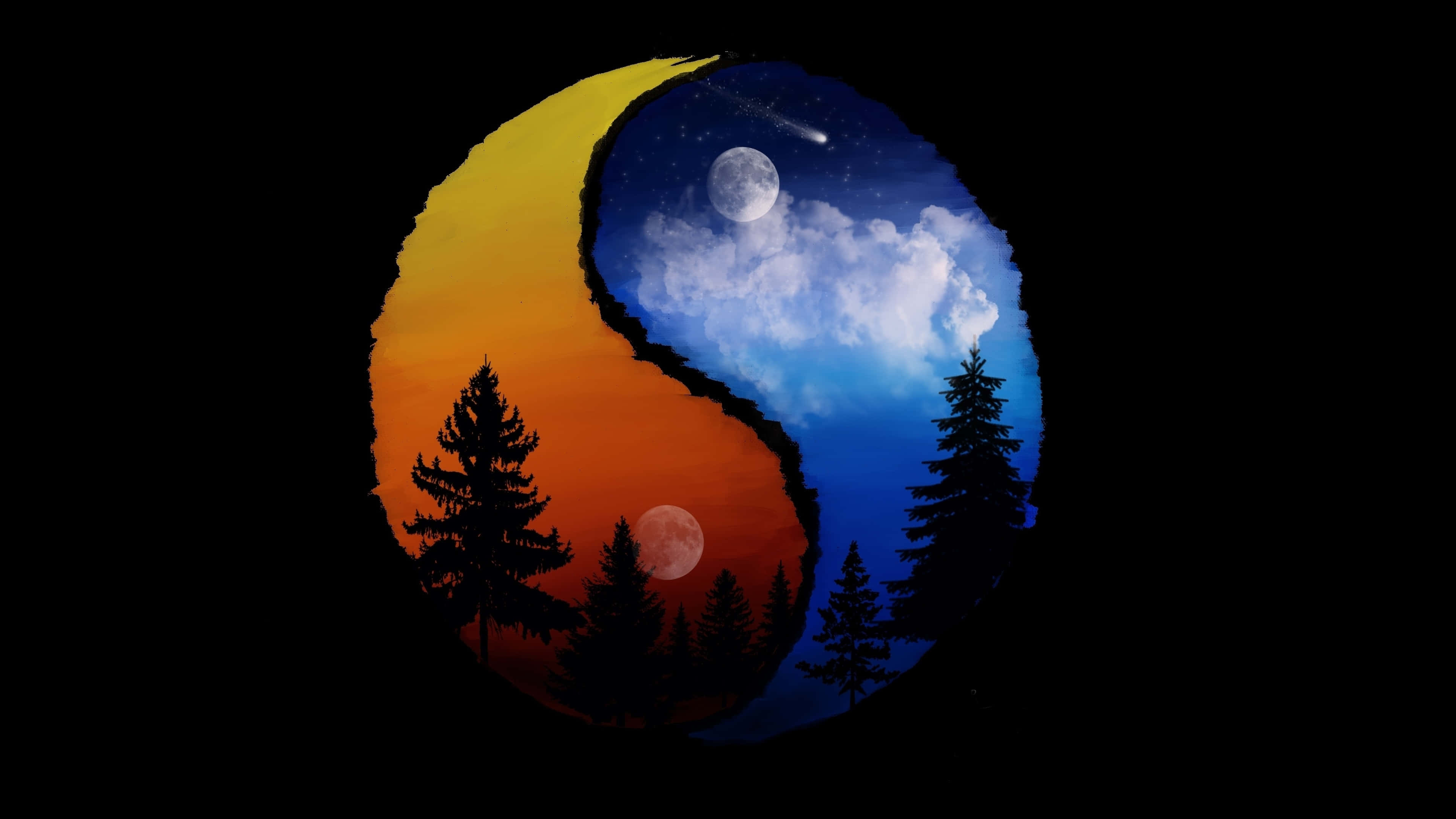 yin yang symbol, fiery sunset, starry night sky, 4K Desktop Wallpaper