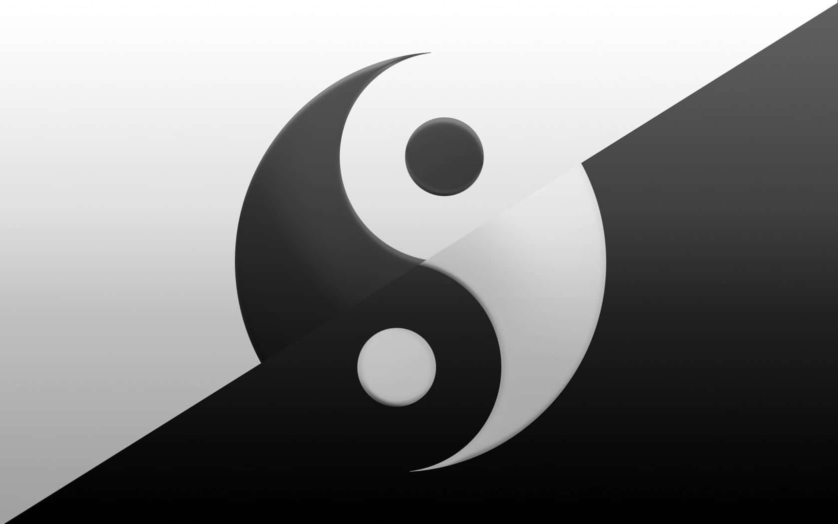 yin yang symbol, glossy black and white halves, diagonal gradient background, HD Desktop Wallpaper