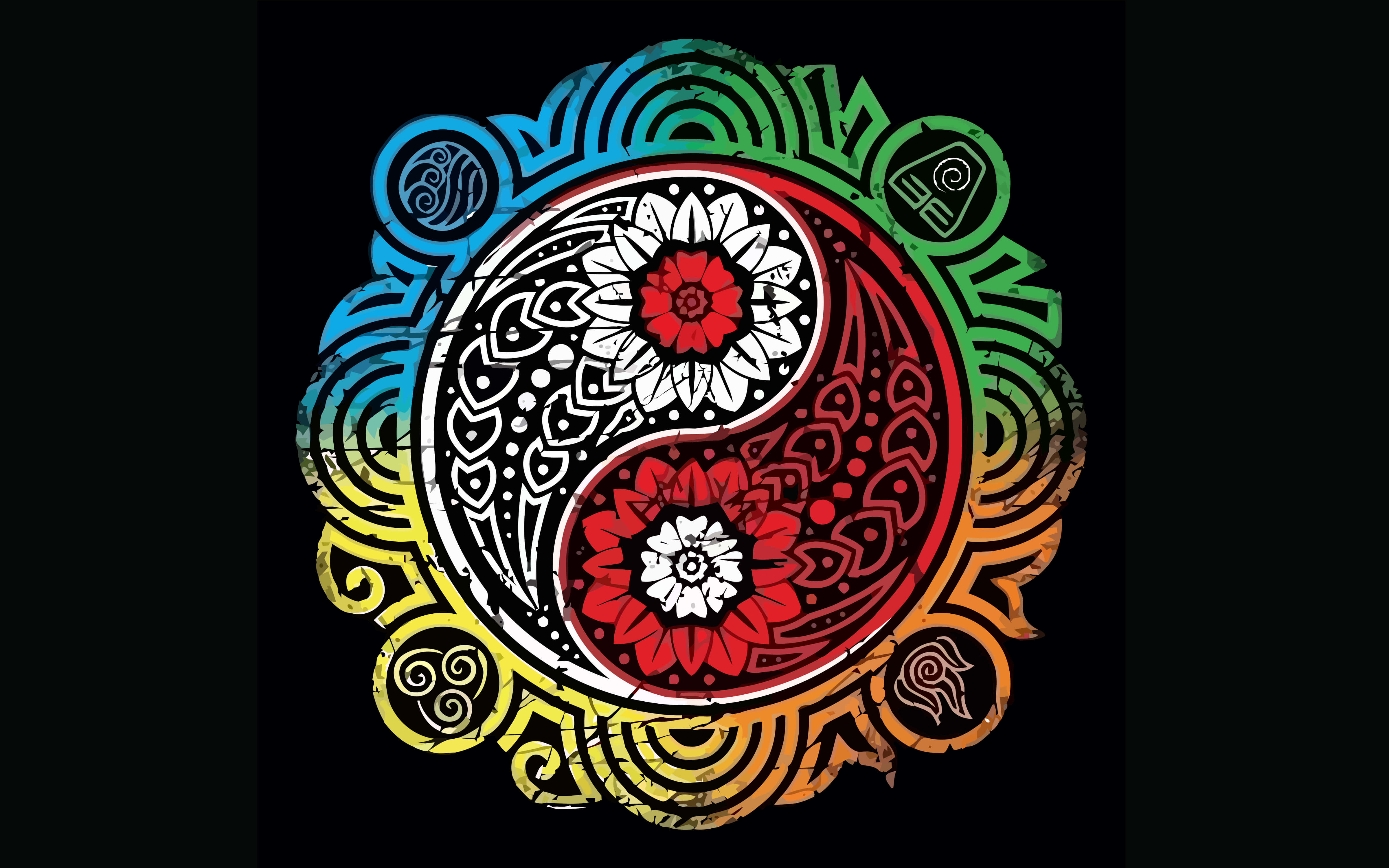 yin yang, floral mandala patterns, rainbow gradient swirls, 4K Desktop Wallpaper