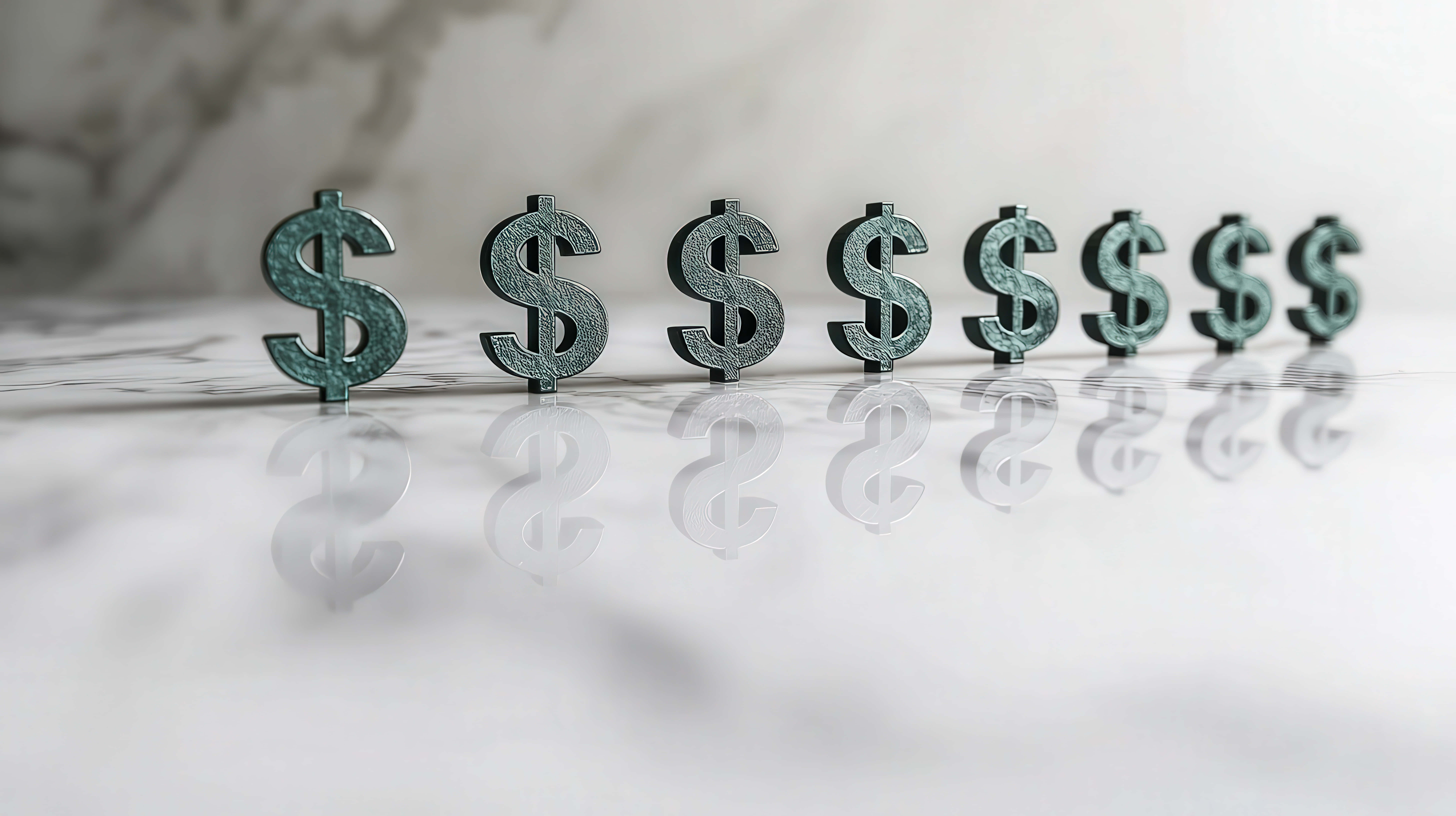 metallic green dollar signs, glossy white marble surface, row of seven, 8K Desktop Wallpaper