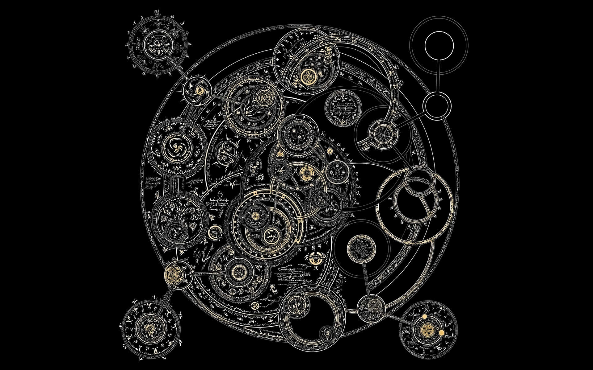golden celestial gear system, black void, ornate circular mechanisms, Full HD Desktop Wallpaper