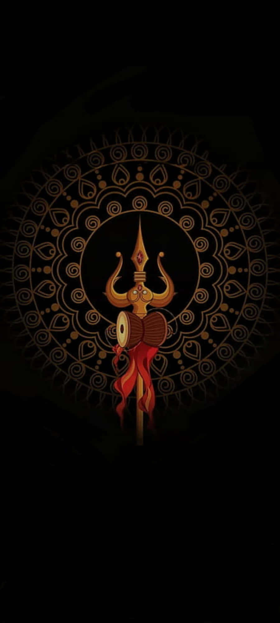 golden trident, red ribbon, drum, Full HD Phone Wallpaper
