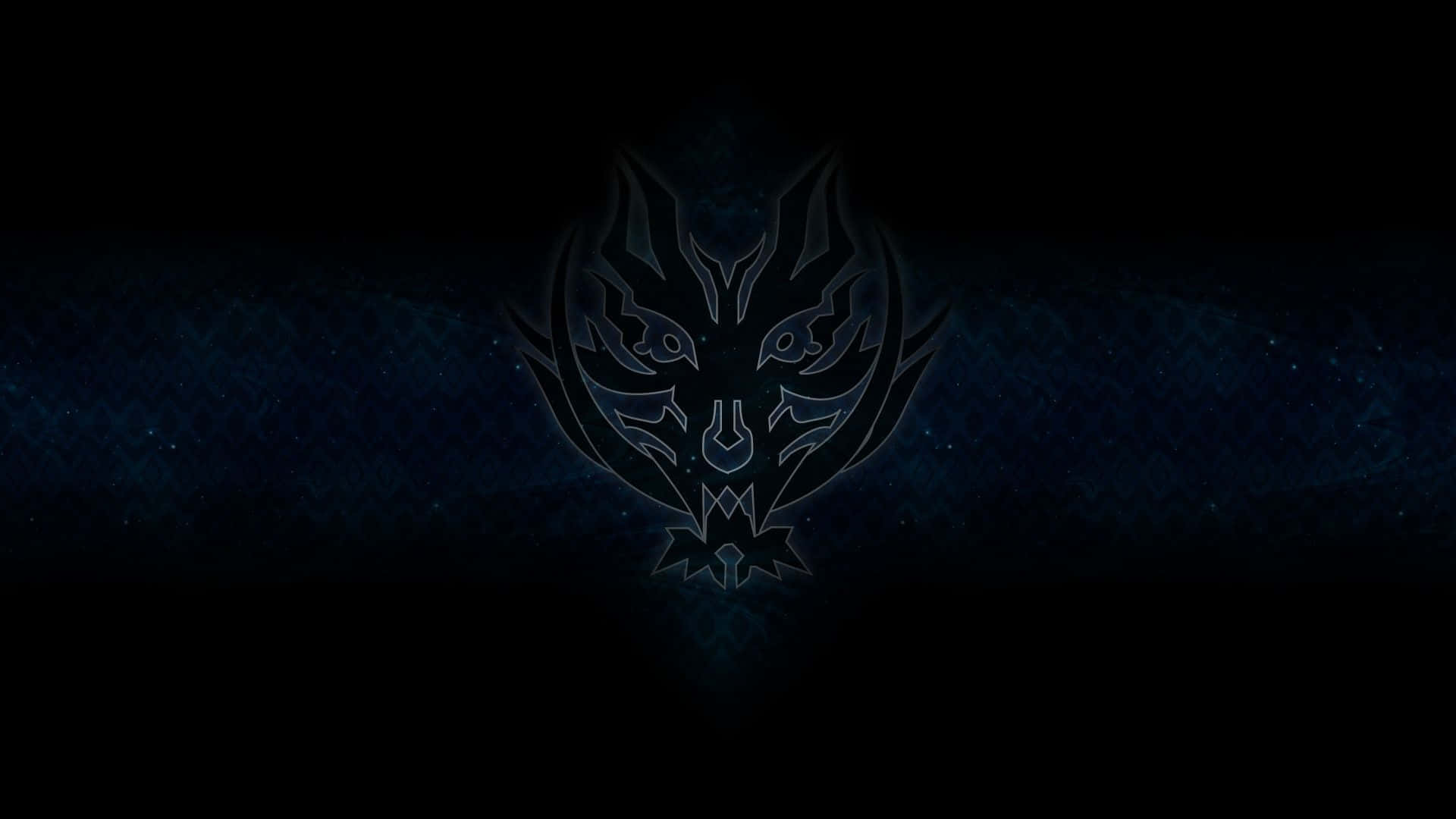 tribal wolf head emblem, dark blue textured background, subtle particle effects, Full HD Desktop Wallpaper