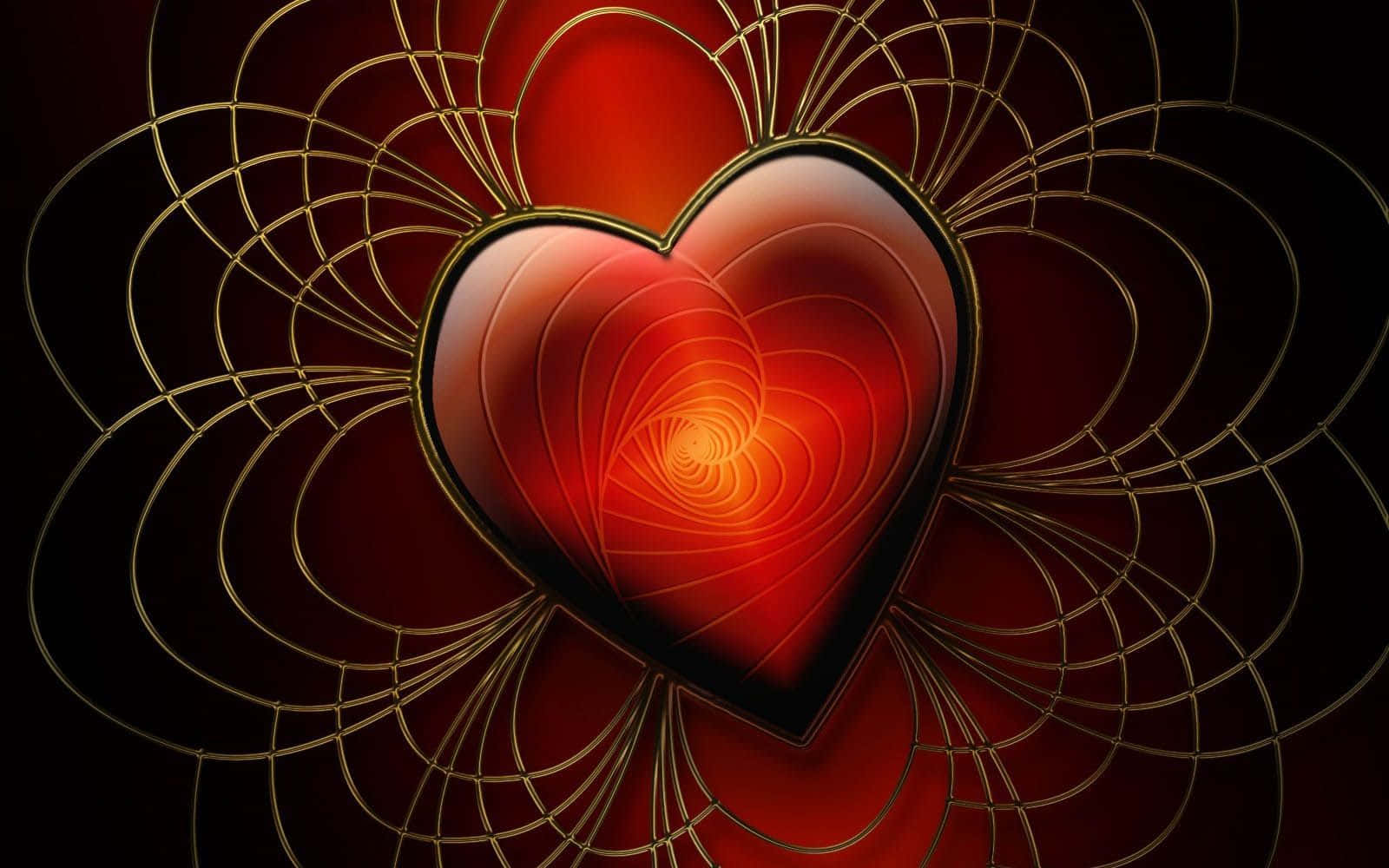 glowing red heart, golden swirling lines, dark background, HD Desktop Wallpaper