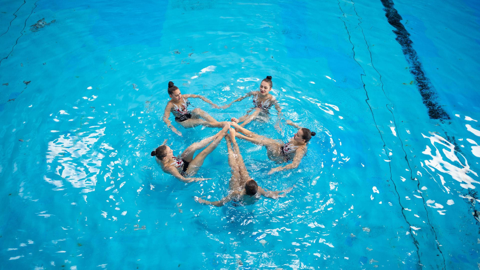 basic formation artistic swimming, five synchronized swimmers, circle, Full HD Desktop Wallpaper