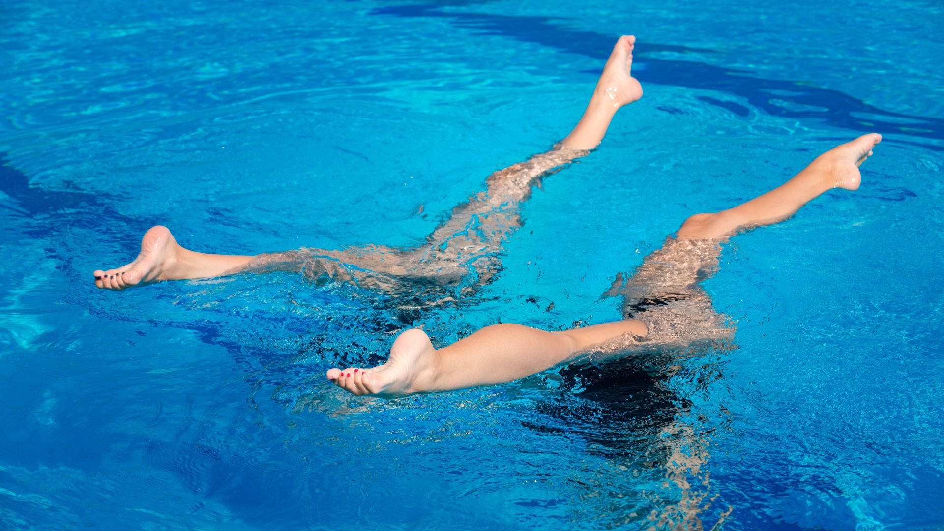 upside down split, artistic swimming, vibrant blue pool, Full HD Desktop Wallpaper