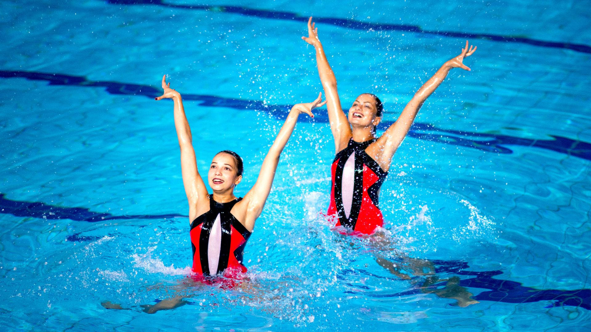 swimming duet, artistic swimming, red black and white costumes, Full HD Desktop Wallpaper