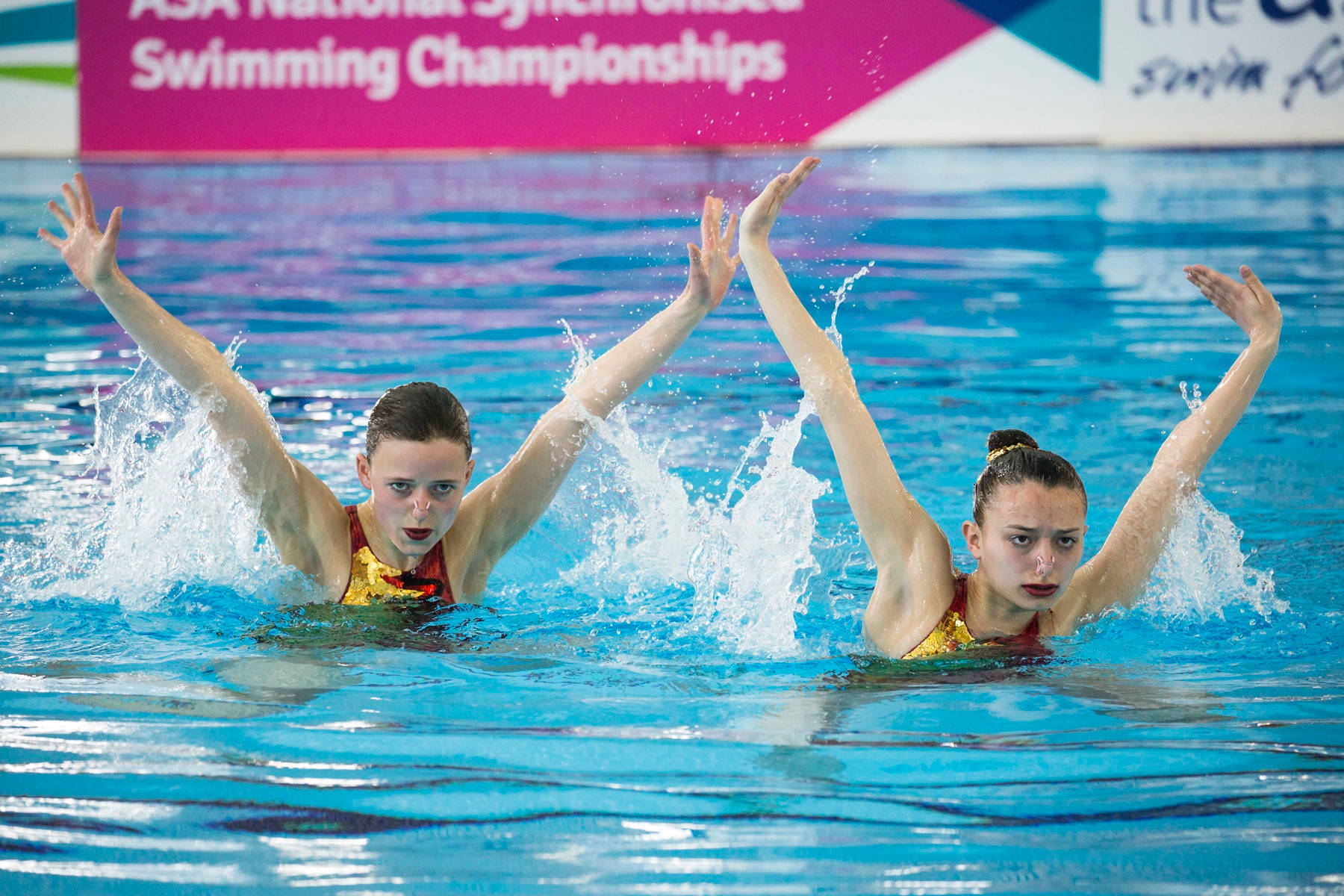 Synchronized Swimming, red and gold suits, championship event, HD Desktop Wallpaper