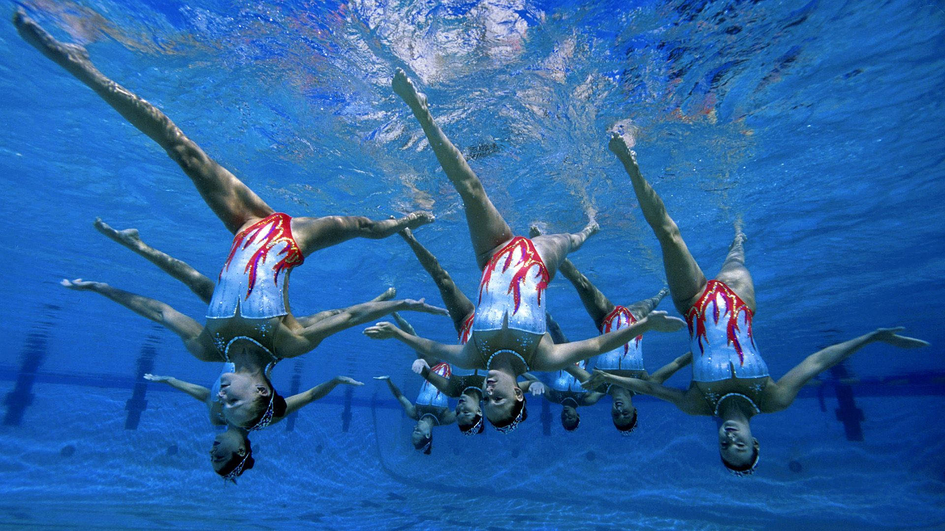 synchronized swimming, red and white costumes, clear blue pool, Full HD Desktop Wallpaper