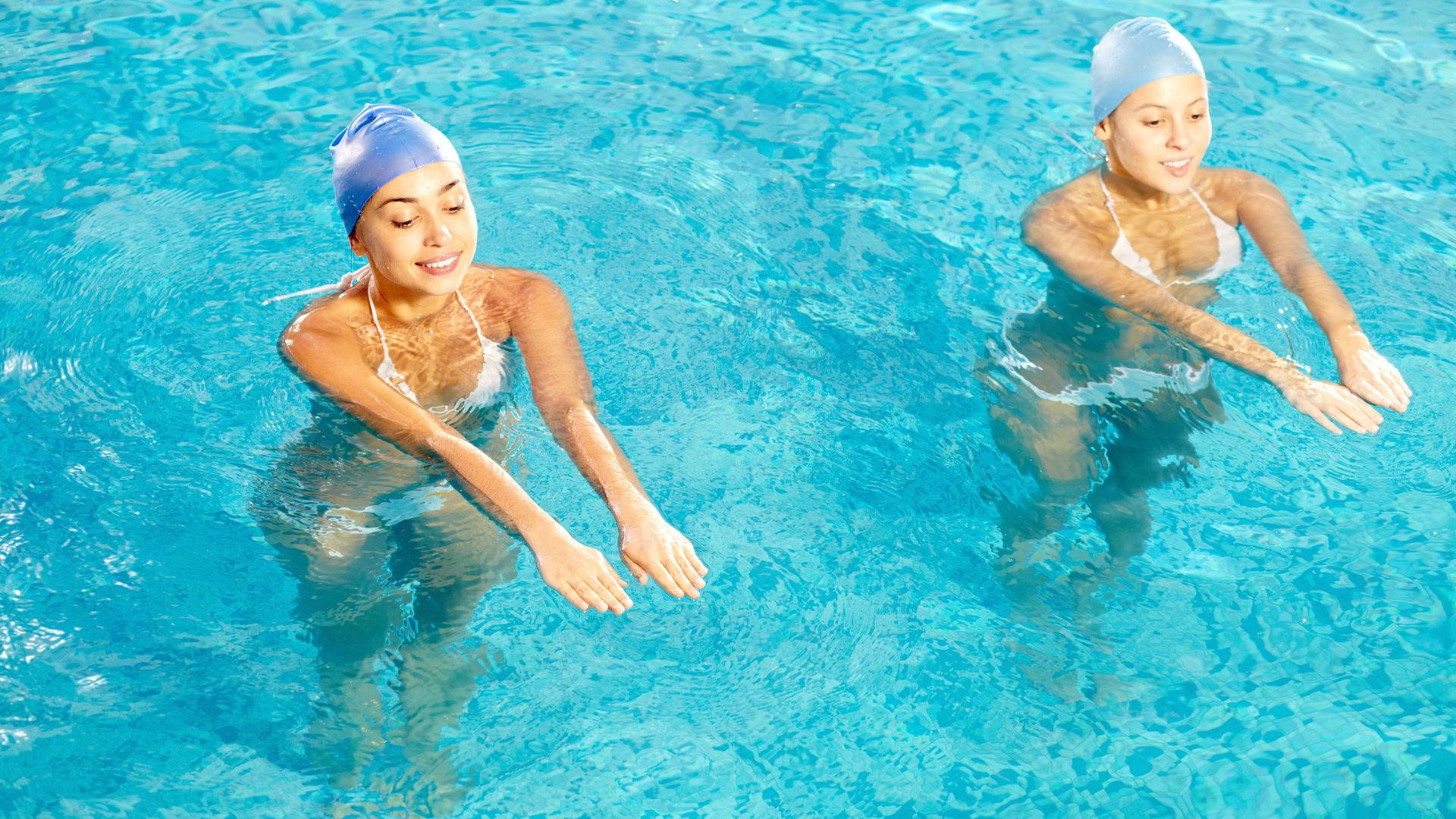 duo, artistic swimming competition, blue swim caps, Full HD Desktop Wallpaper