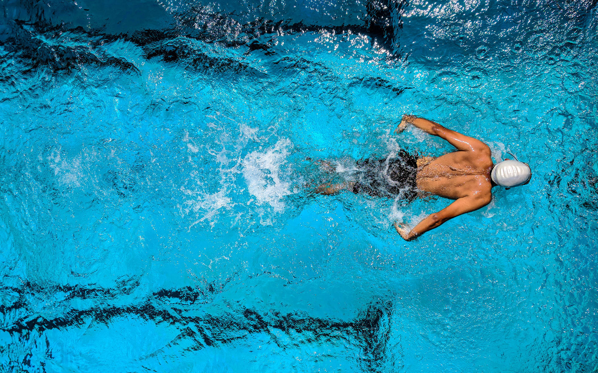 swimming athlete, white cap, vibrant blue pool water, Full HD Desktop Wallpaper