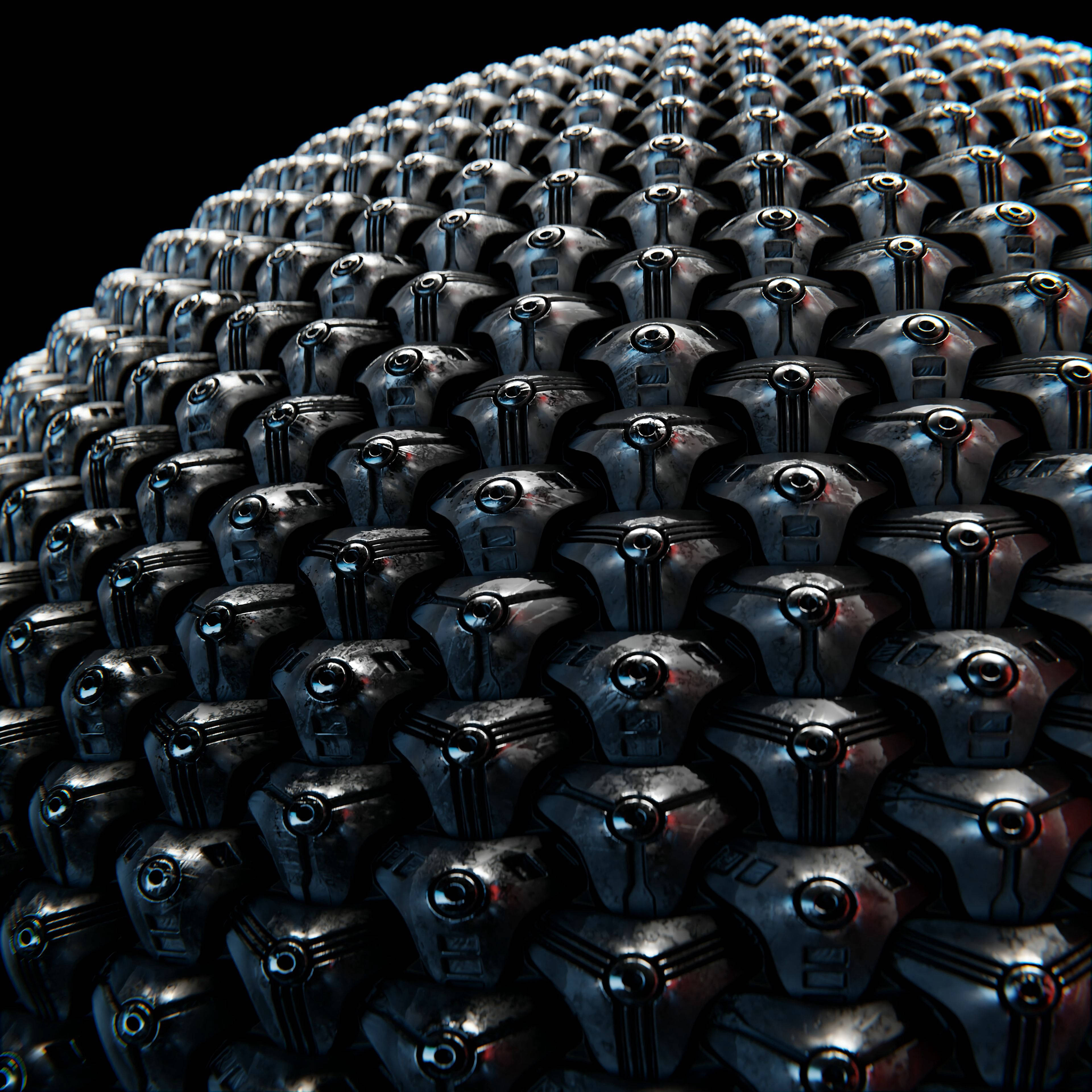 3D Metallic Coating, metallic robotic heads, glowing red accents, 4K Desktop Wallpaper