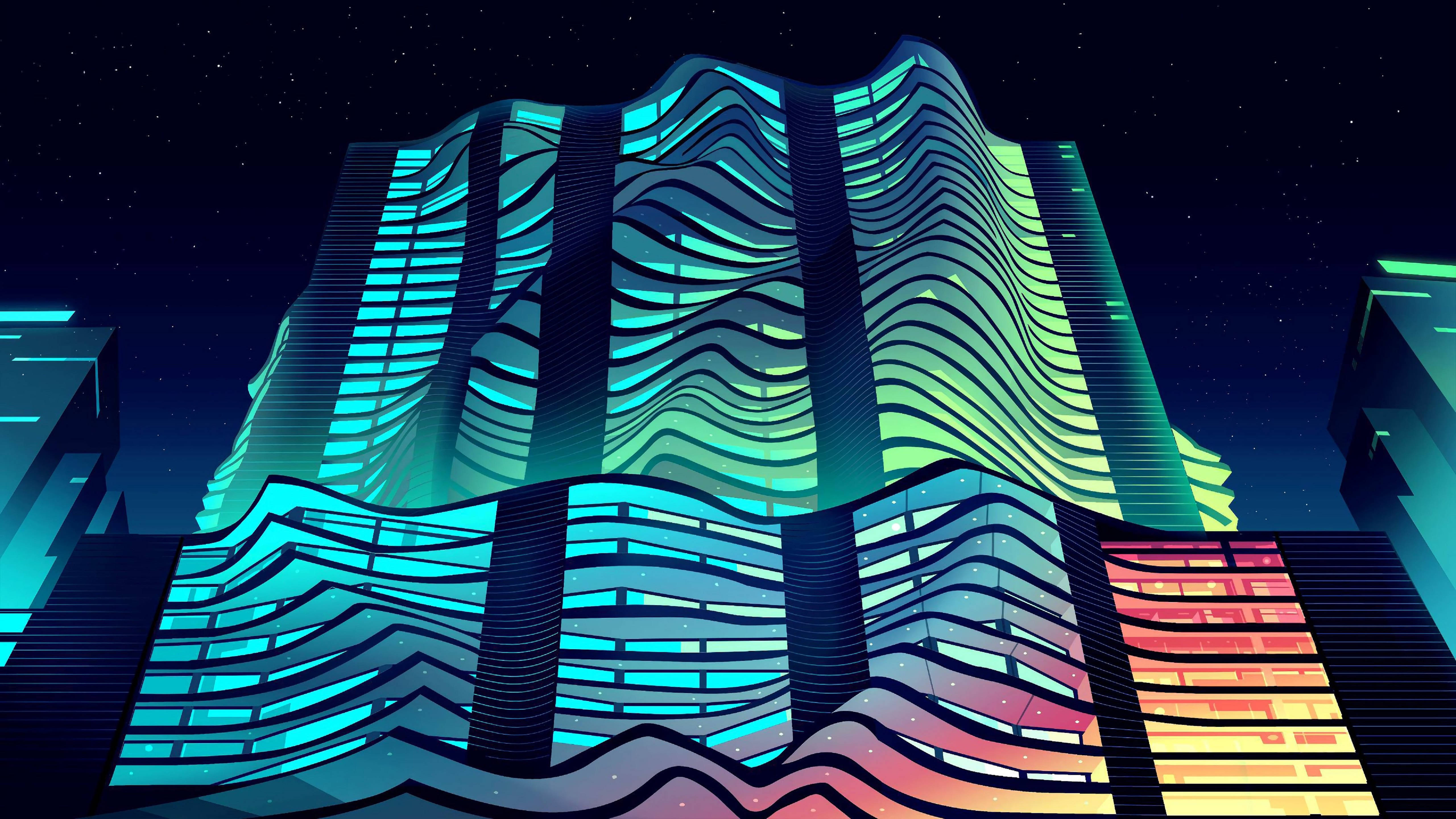 futuristic cityscape, night, wavy neon-lit skyscrapers, 5K Desktop Wallpaper
