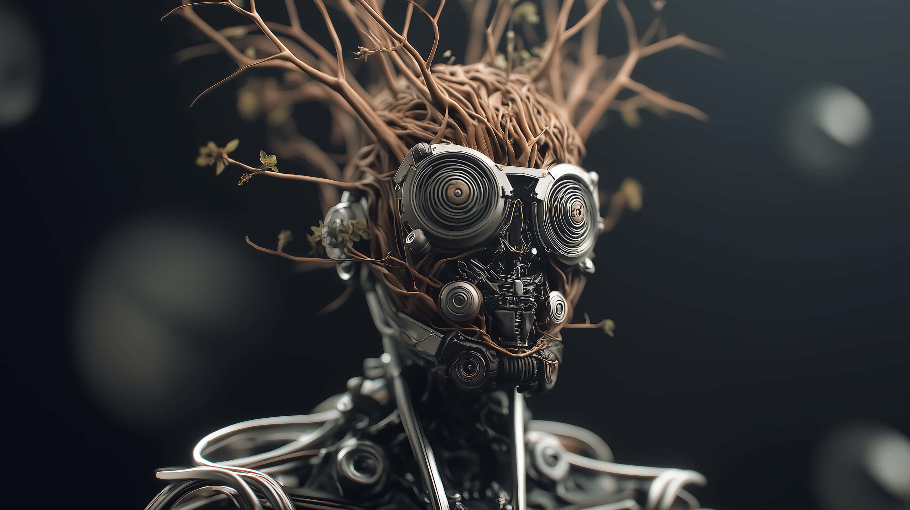 cybernetic being, organic tree root features, tree branches growing from its head, 2K Desktop Wallpaper