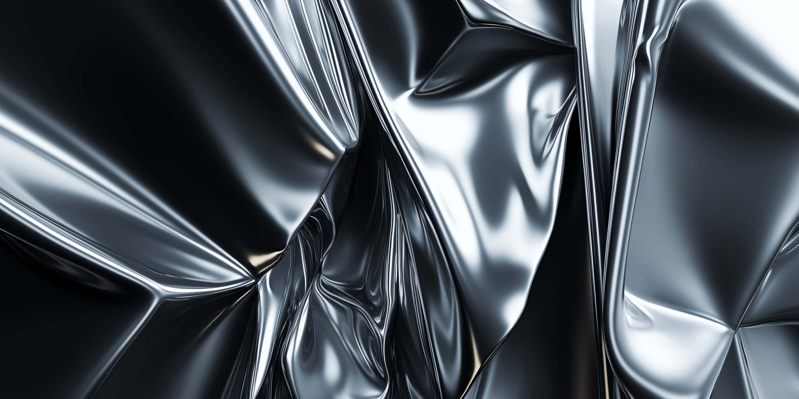 metallic silver fabric, sharp folds, bright highlights, 2K Desktop Wallpaper