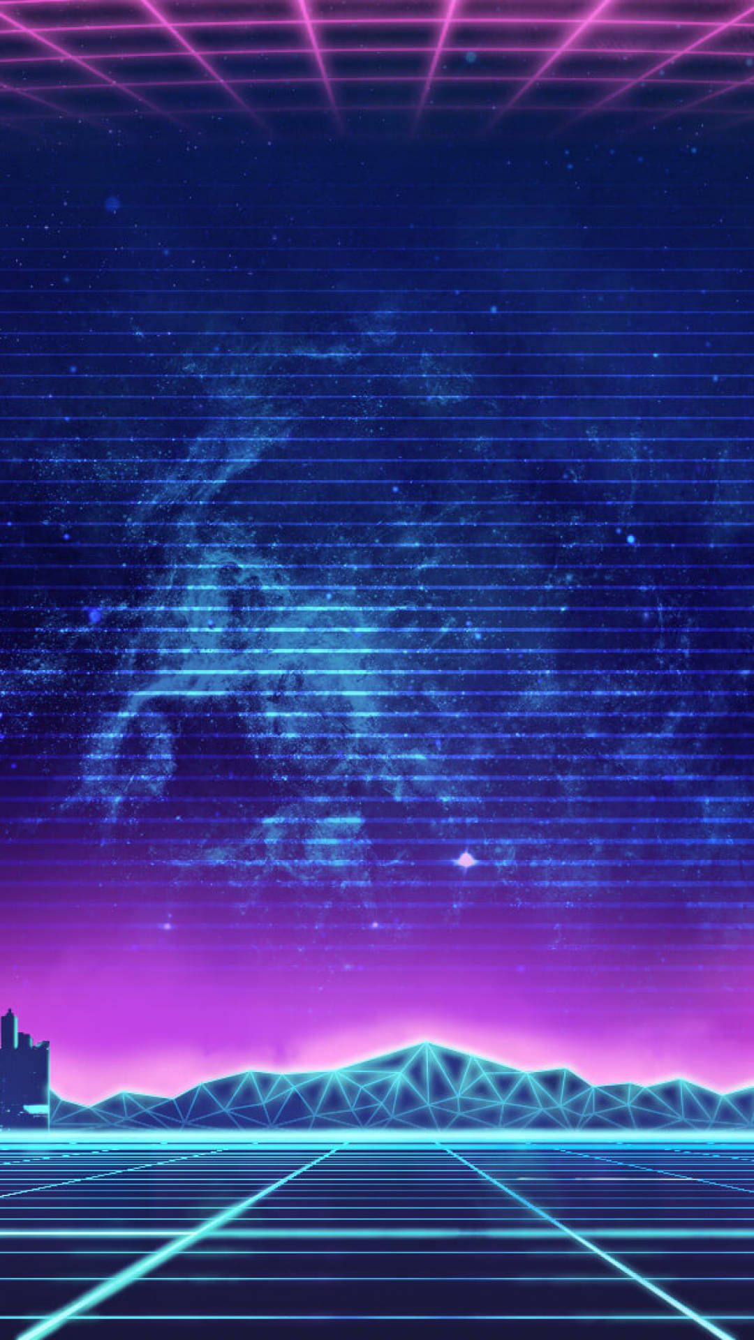 neon-drenched, retrofuturistic landscape, glowing grid lines, Full HD Phone Wallpaper