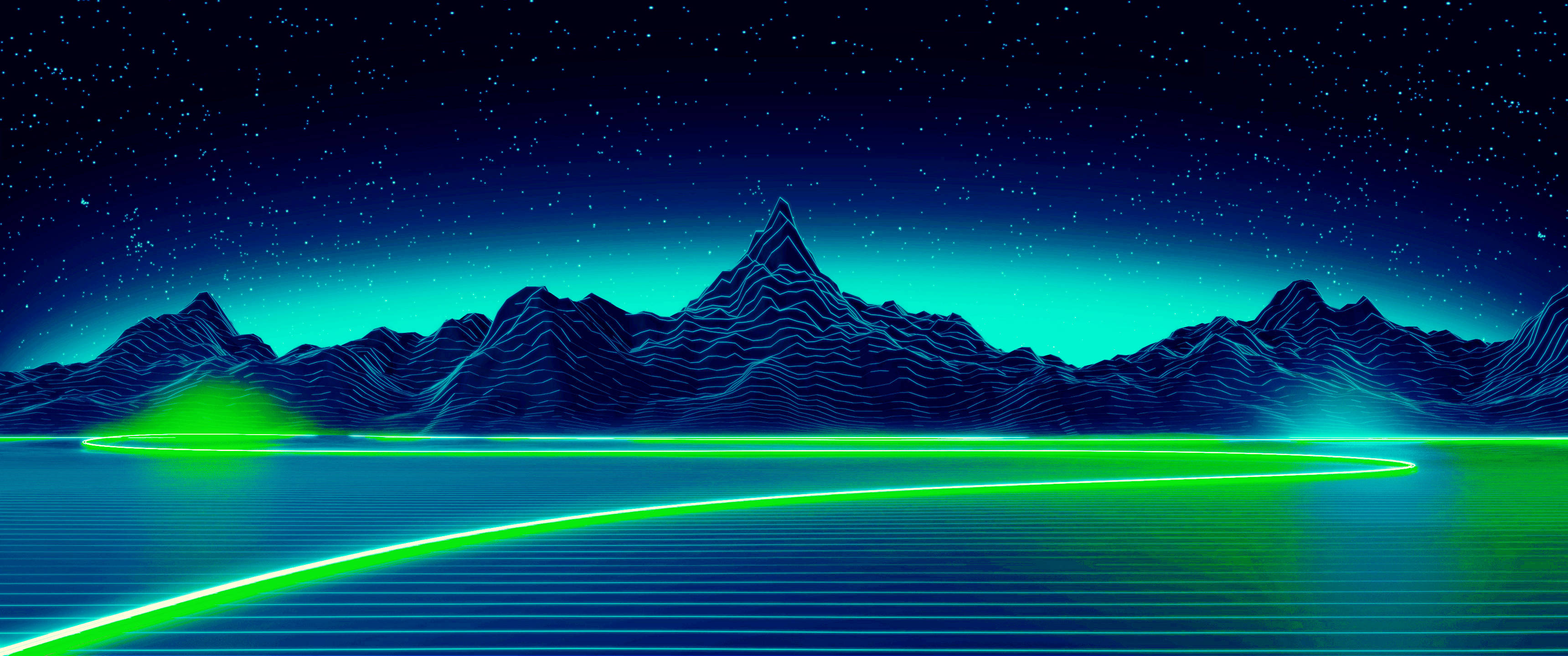 Neon green, glowing path, digital ocean, 2K Desktop Wallpaper