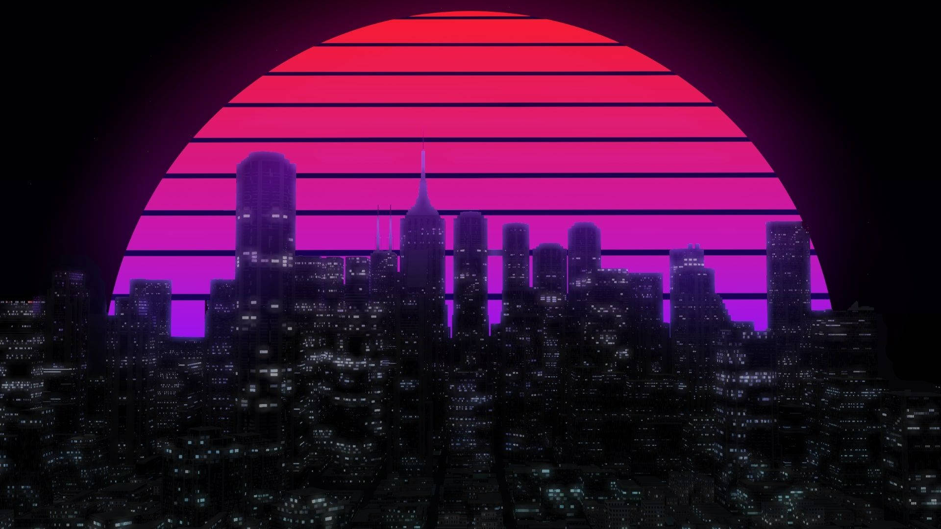 Synthwave, neon moon, city, Full HD Desktop Wallpaper