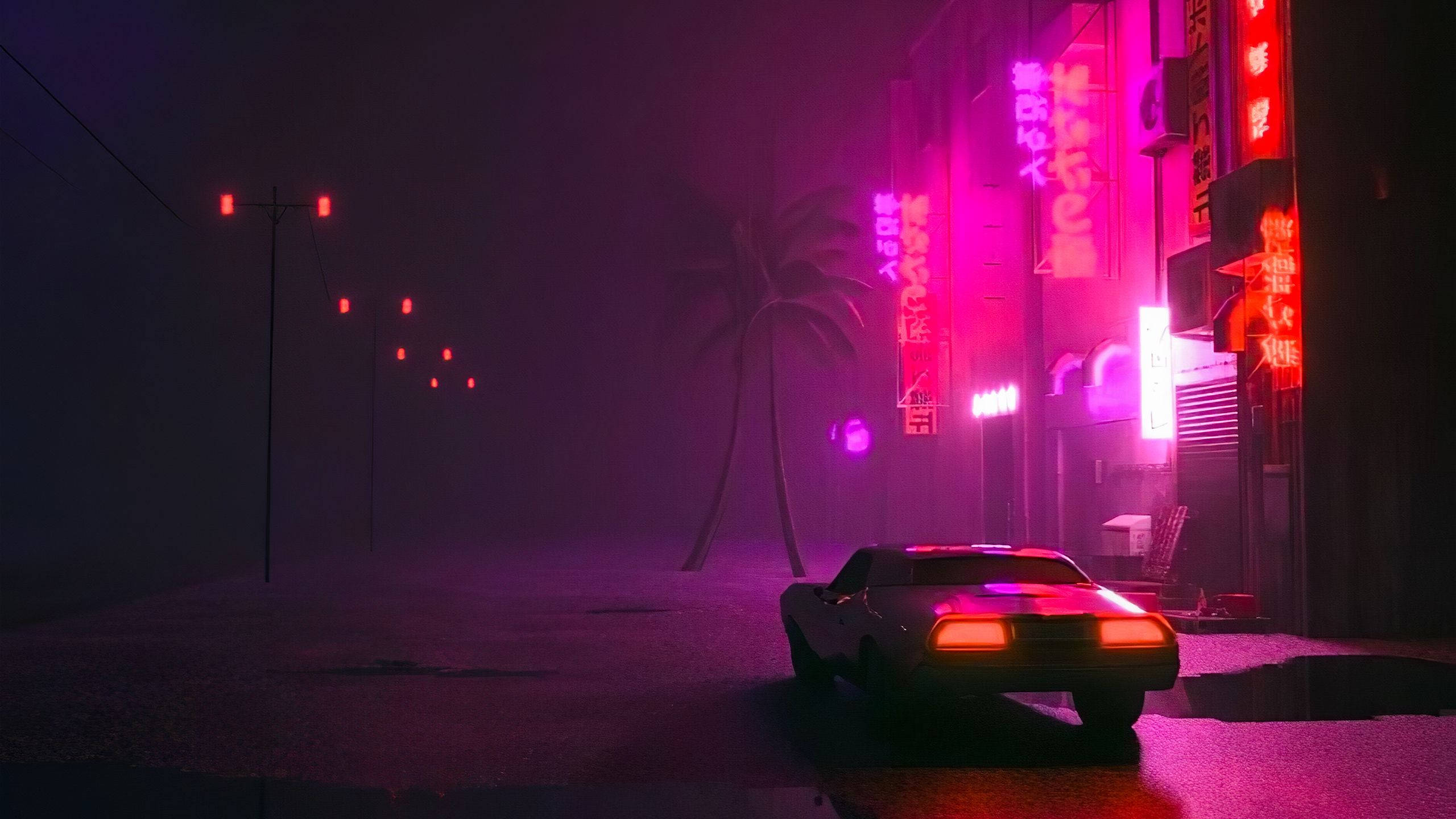 neon signs, misty cyberpunk street, palm trees, 2K Desktop Wallpaper