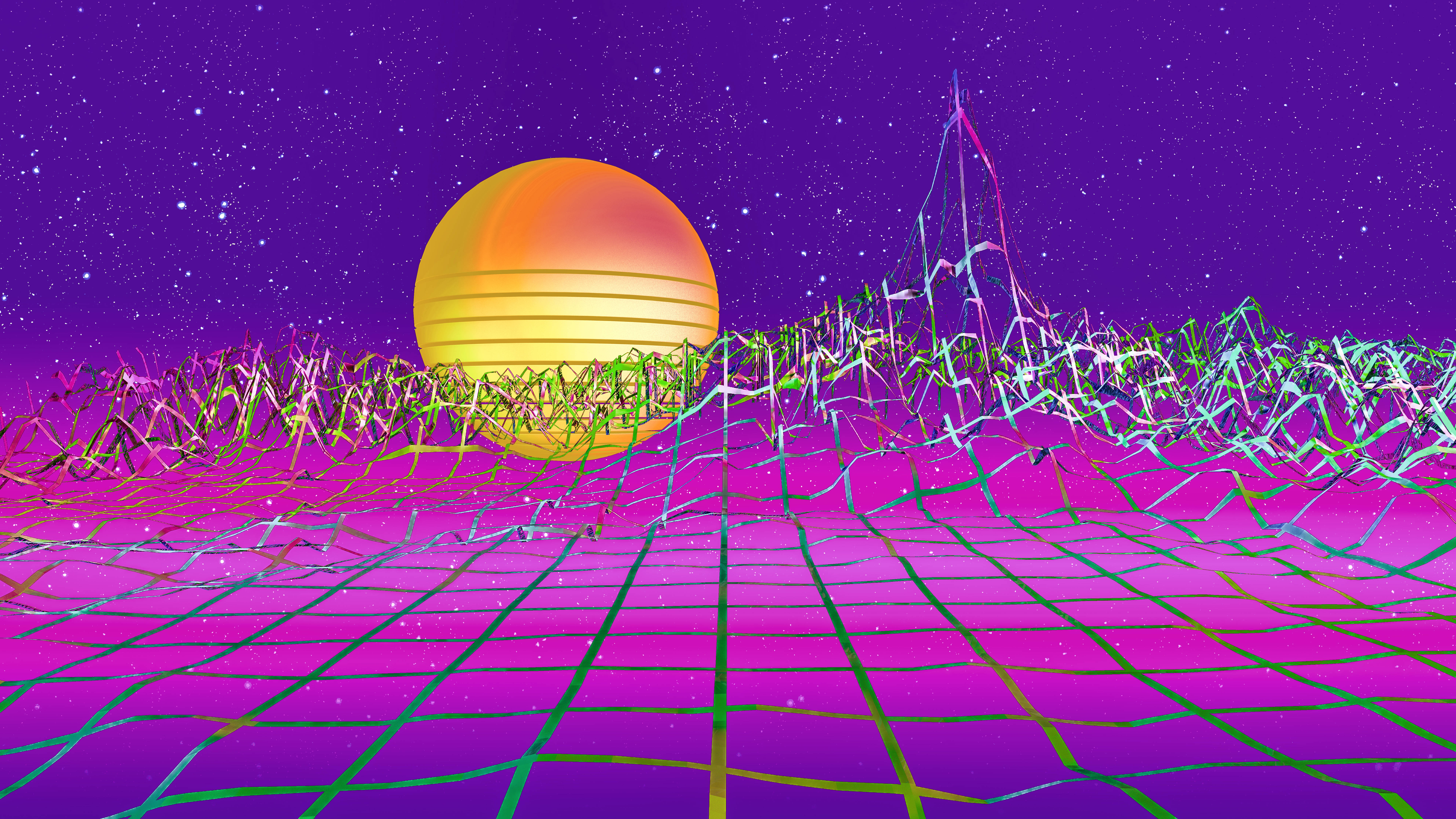 Synthwave, Sunset, Neon grid, 8K Desktop Wallpaper
