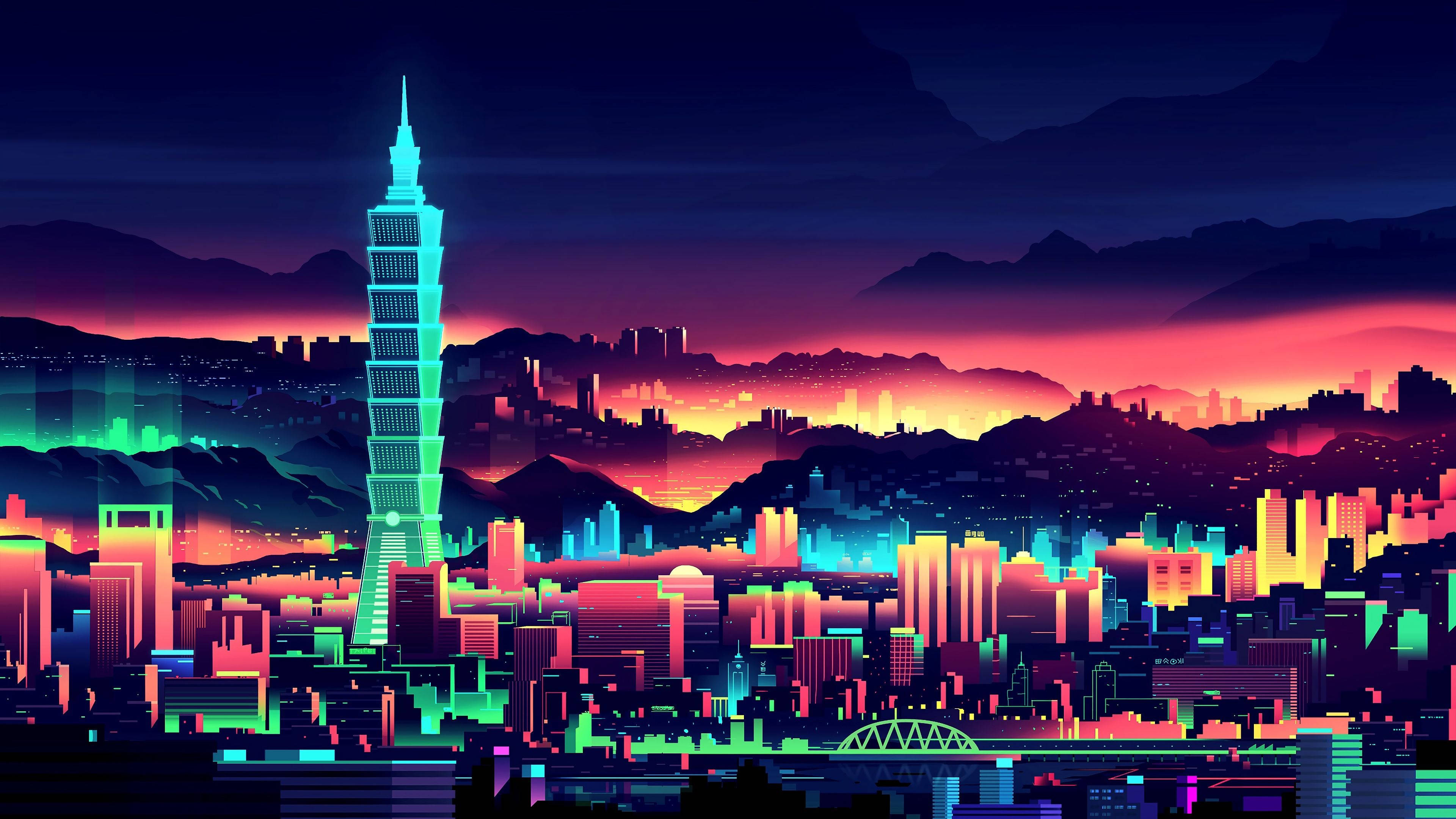 Synthwave, night, skyscrapers, 4K Desktop Wallpaper