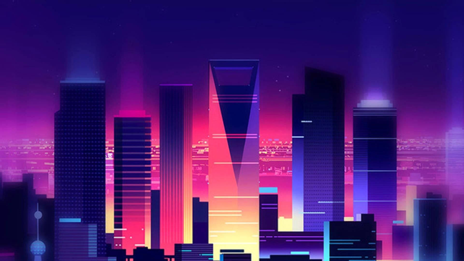 Synthwave, neon-lit city skyline, dusk, Full HD Desktop Wallpaper