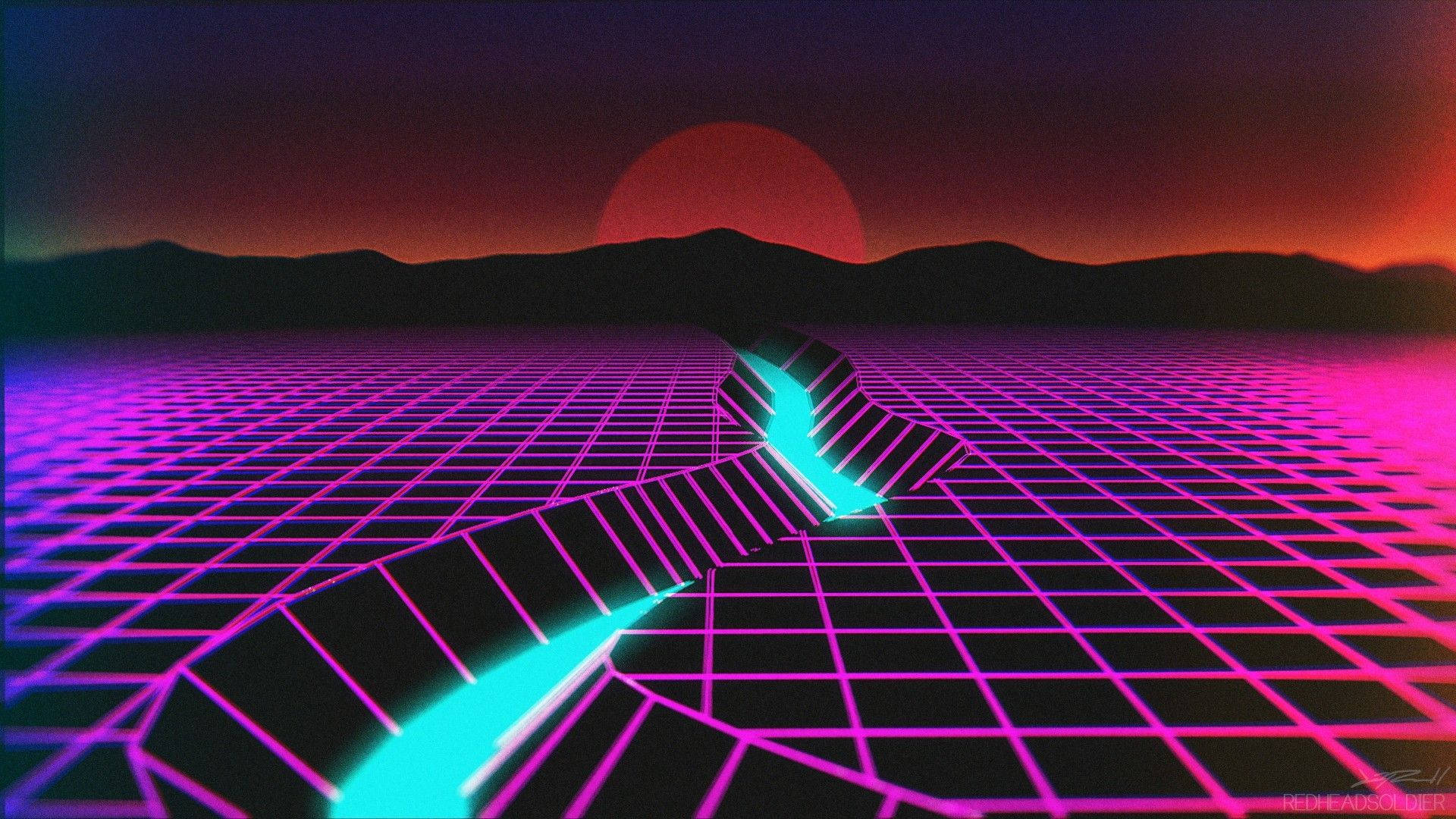 Synthwave, cyan path, neon grid, Full HD Desktop Wallpaper