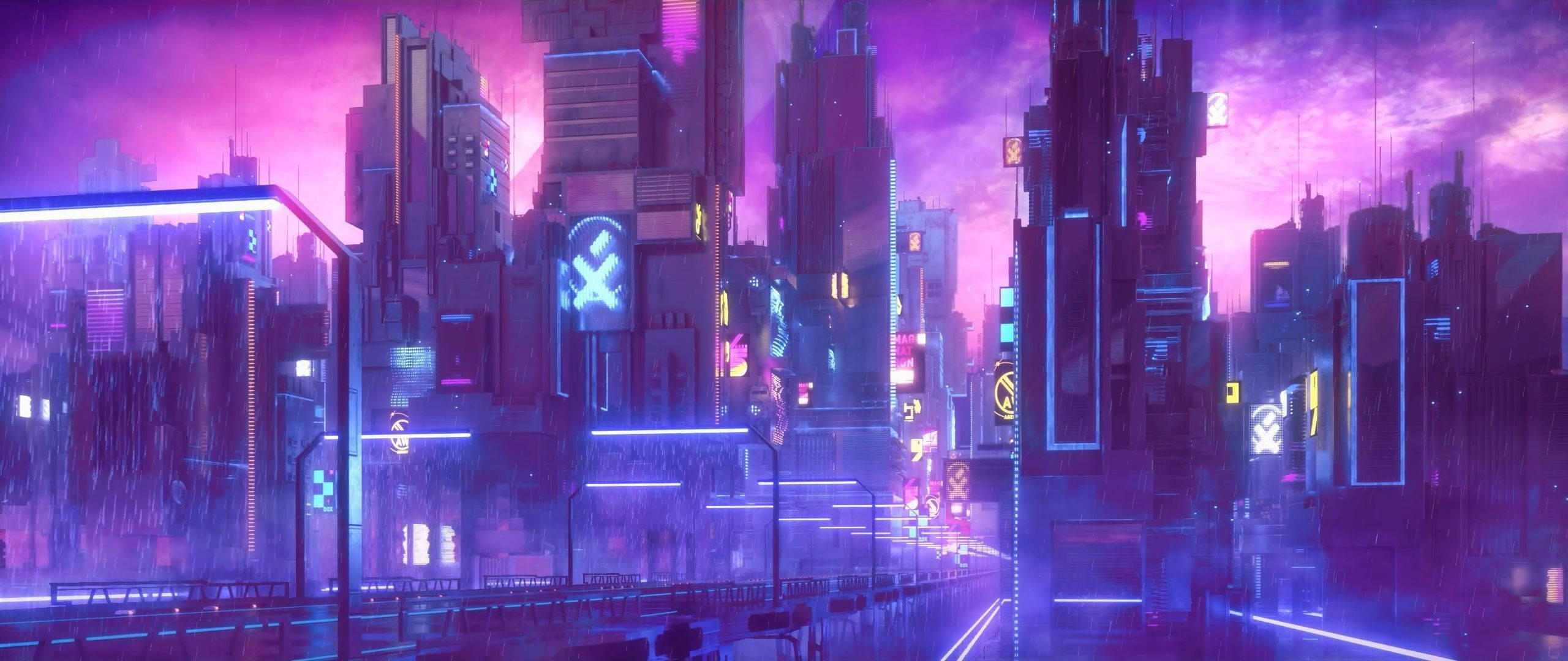 Synthwave, cityscape, skyscrapers, 2K Desktop Wallpaper