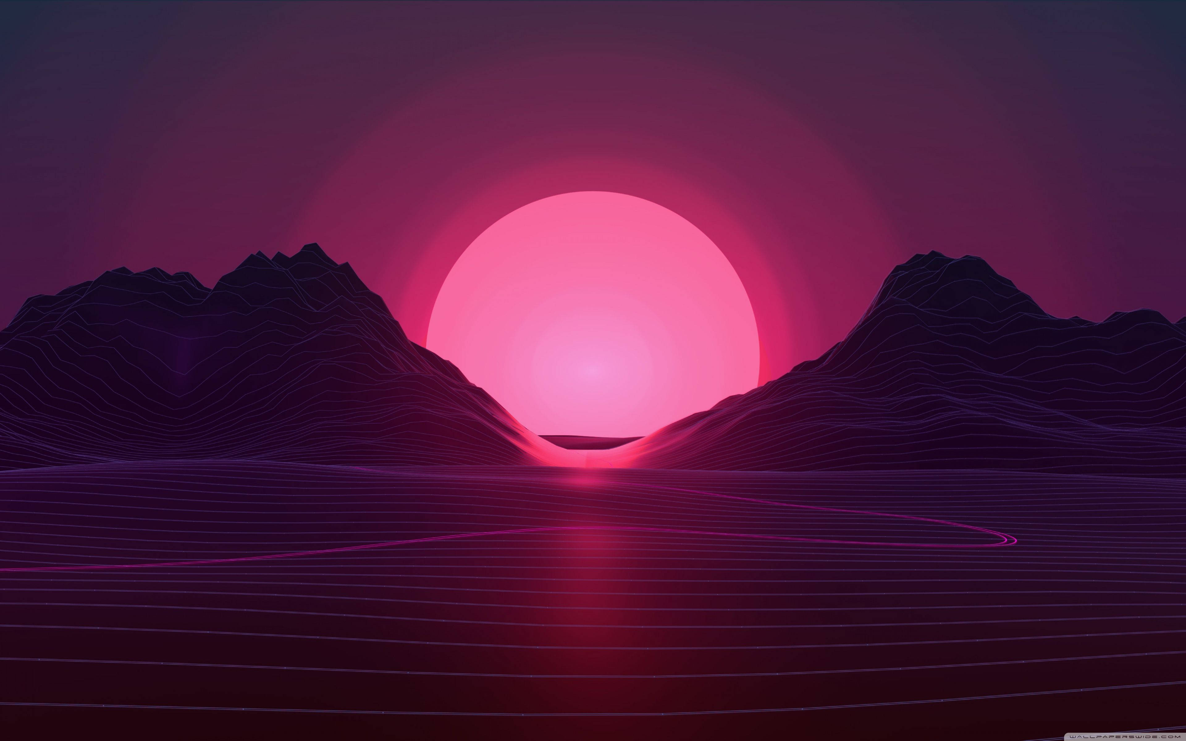 Synthwave, pink sun, purple mountains, 4K Desktop Wallpaper
