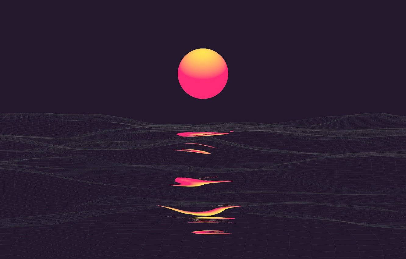 neon sun, pink and orange sun, dark grid landscape, HD Desktop Wallpaper