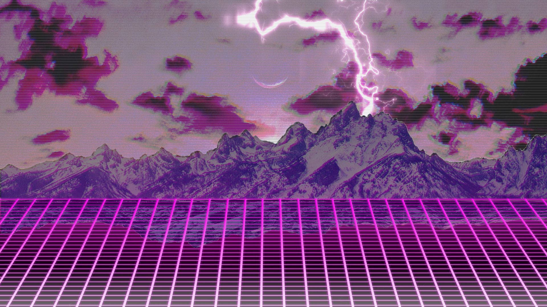 Pink Synthwave Mountain Lightning, retrofuturistic mountain landscape, purple sky, Full HD Desktop Wallpaper