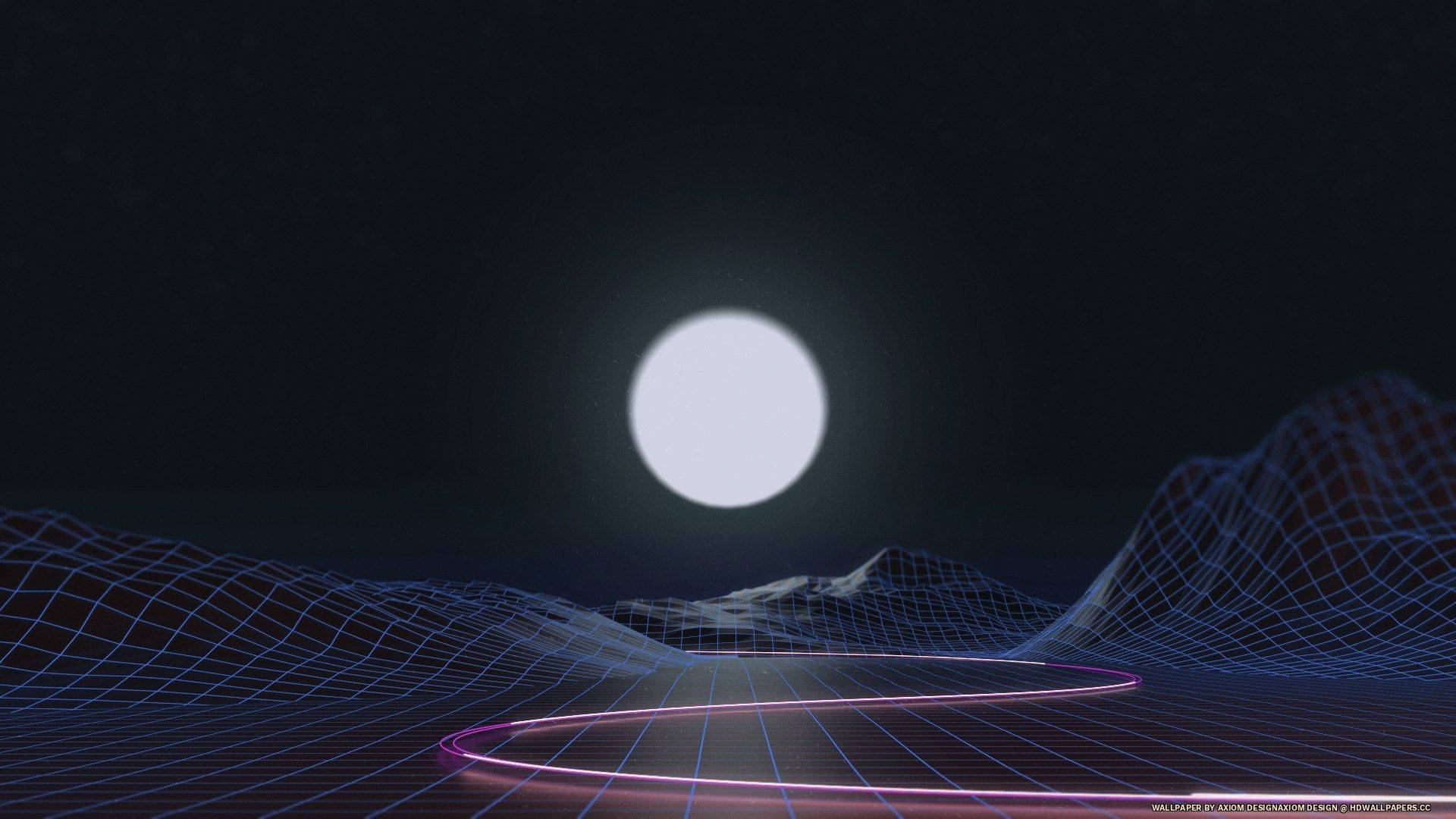 Synthwave, moon, mountains, Full HD Desktop Wallpaper