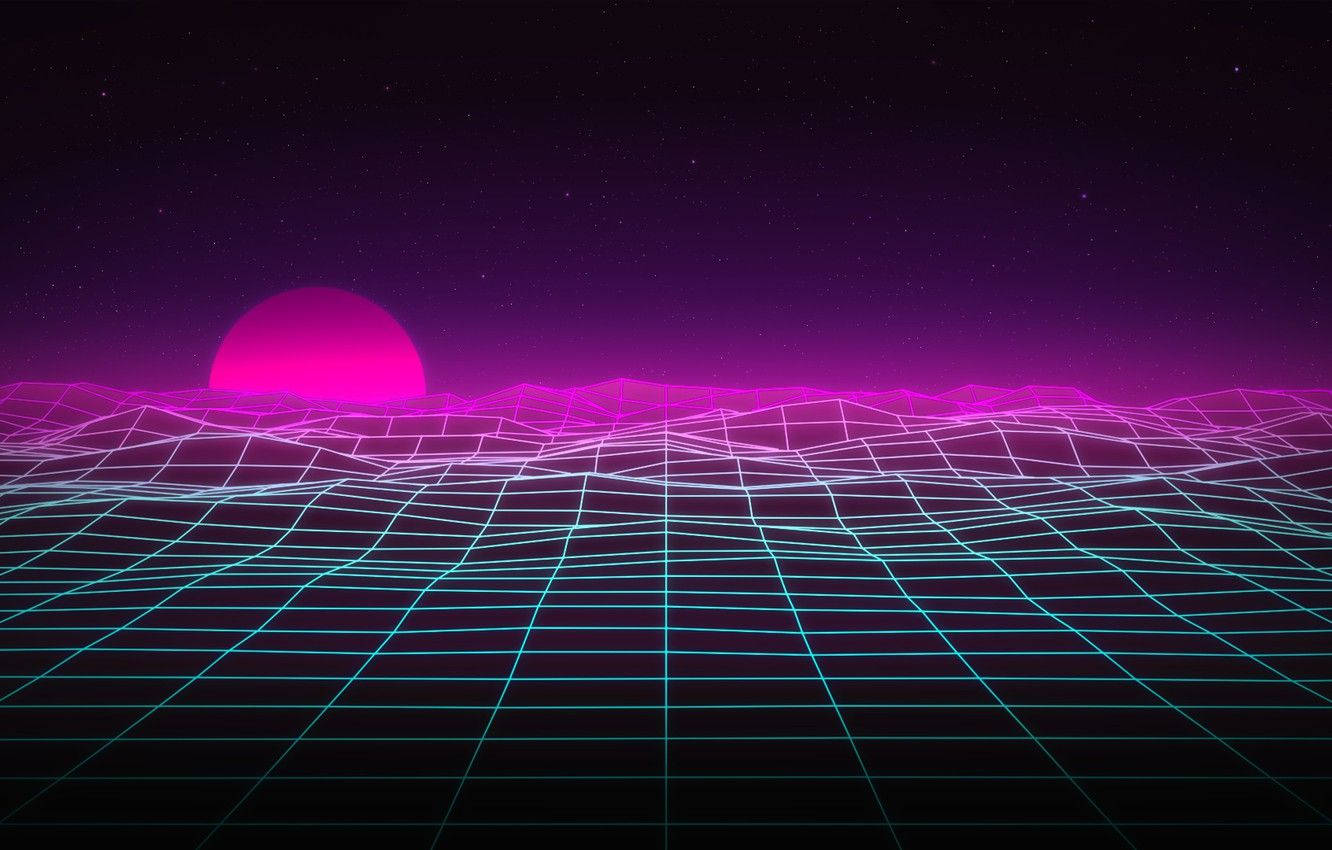 Synthwave, neon grid landscape, glowing pink sun, HD Desktop Wallpaper