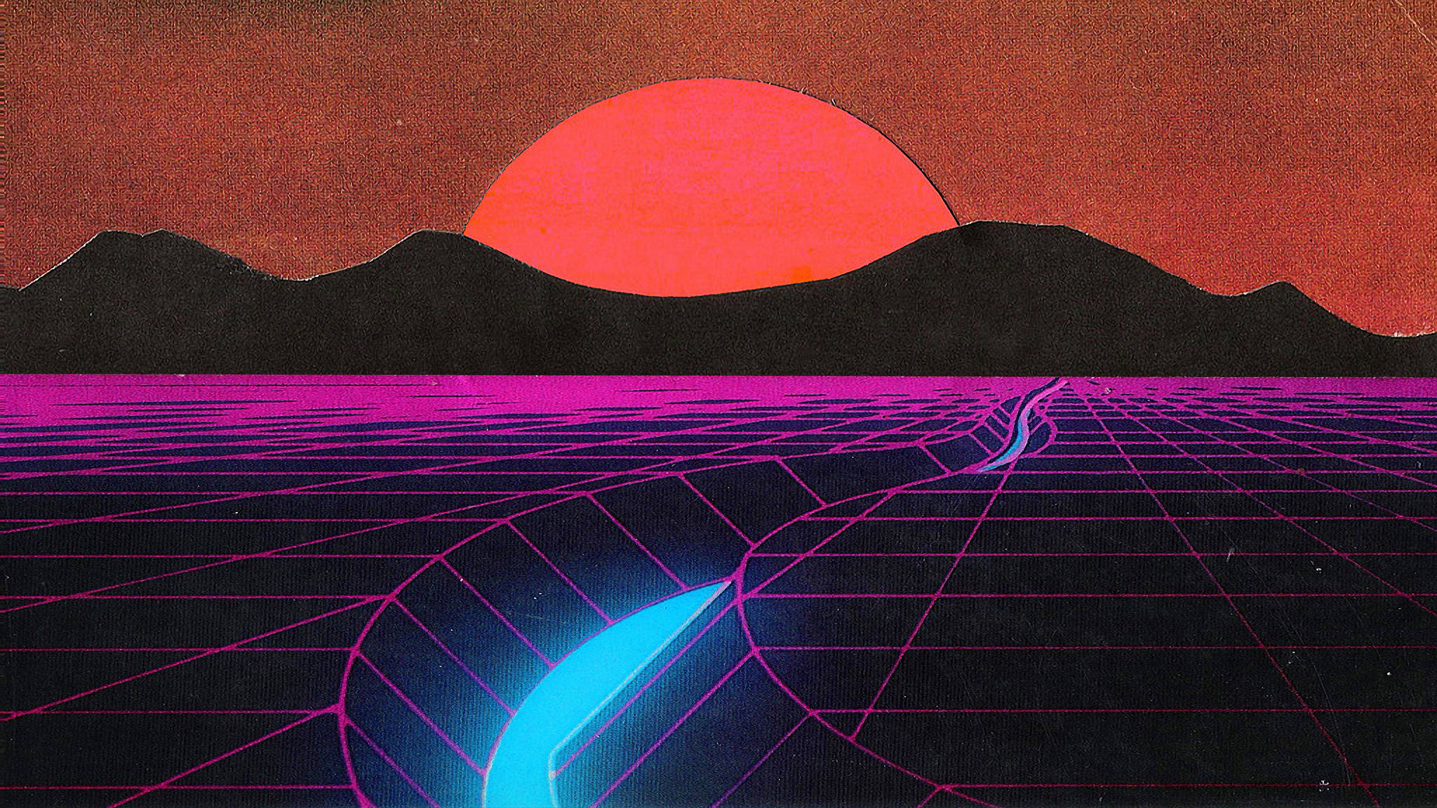 Digital Synthwave Sunset, glowing orange sun, black mountains, Full HD Desktop Wallpaper