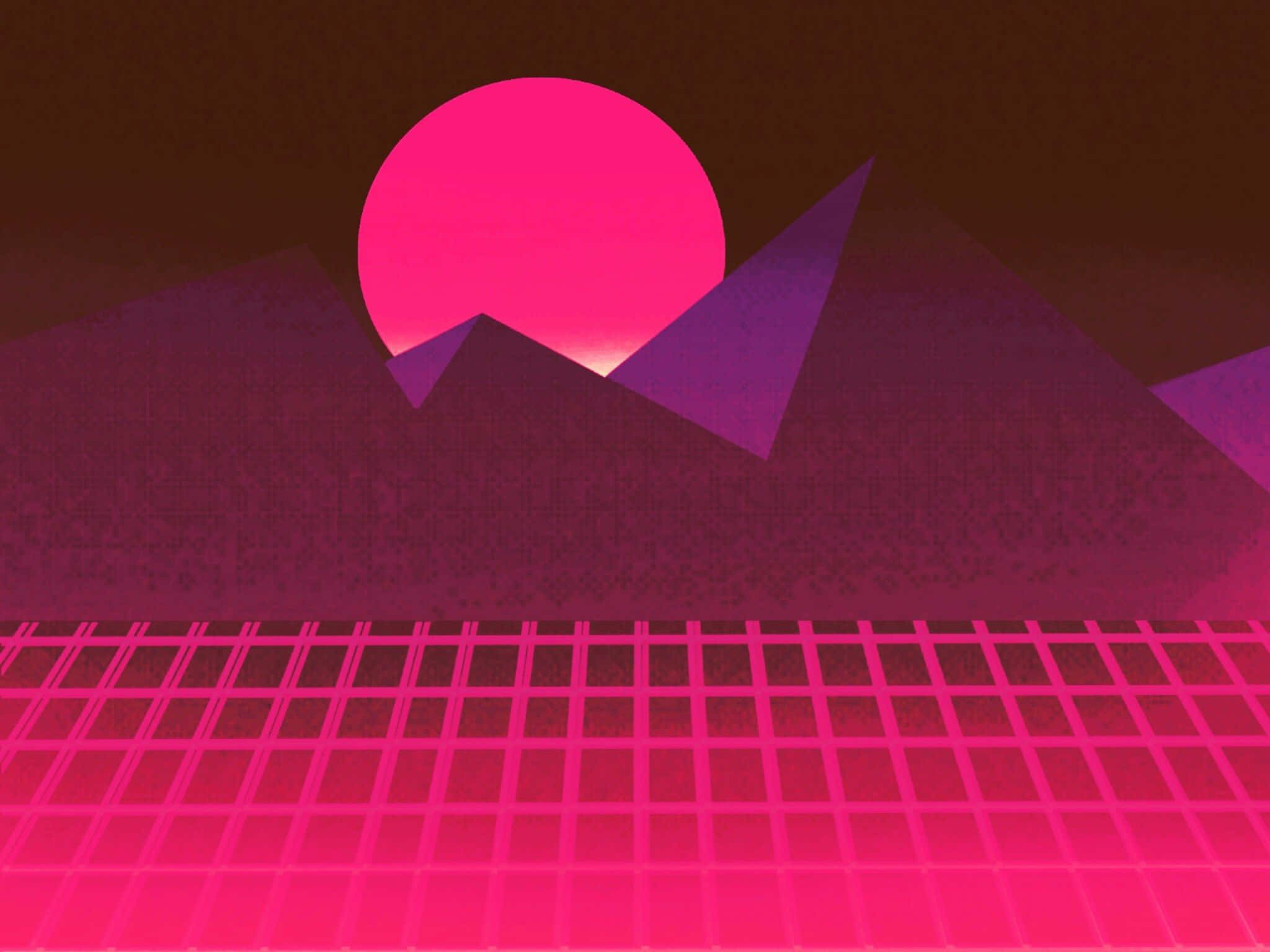 neon pink sun, geometric purple mountains, glowing grid horizon, Full HD Desktop Wallpaper